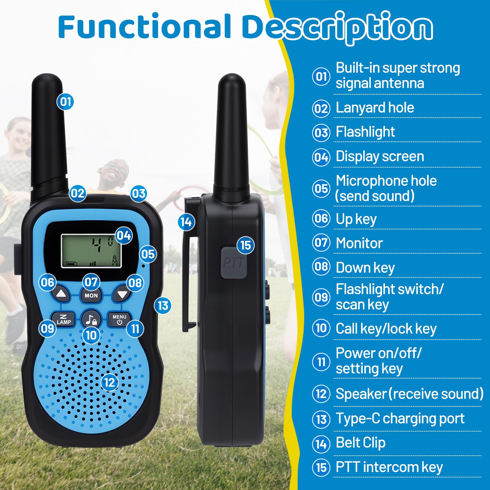Walkie Talkie Bambini 3 Pezzi,Walkie-Talkie Bambini Ricaricabili,Walkie Talkie Ricaricabile con Batteria,Walkie Talkie Ricaricabile a Lungo per 3-12 Anni Ragazzi e Ragazze,Campeggio