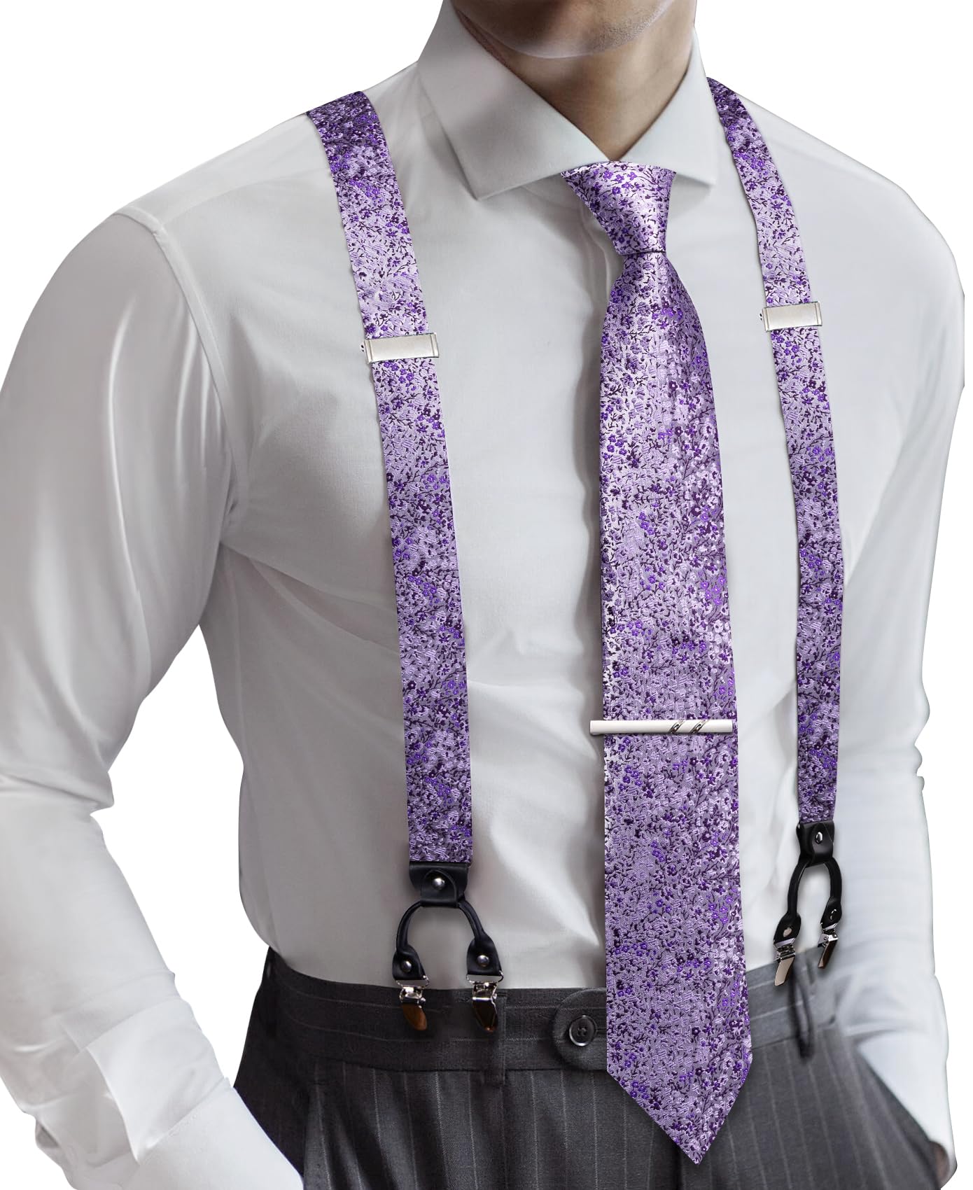 Barry.Wang Men Suspender Tie Sets Elastic Heavy 6 Clips Hanky Cufflink 5PCS | Classic Suspender Set for Man Necktie Y Type Adjustable Heavy Duty 6 Clips Braces Pocket Square Cufflinks Party