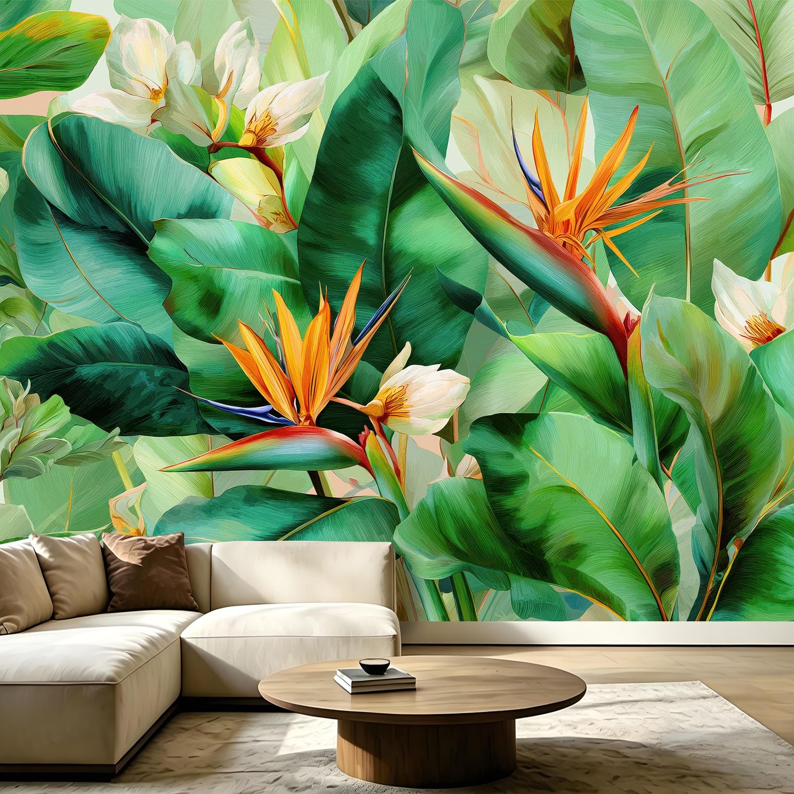 Carta da parati fotografica con foglie di banano, uccelli del paradiso, 350 x 256 cm (larghezza x altezza), in tessuto non tessuto, motivo animali botanici tropicali, per cucina, sala da pranzo