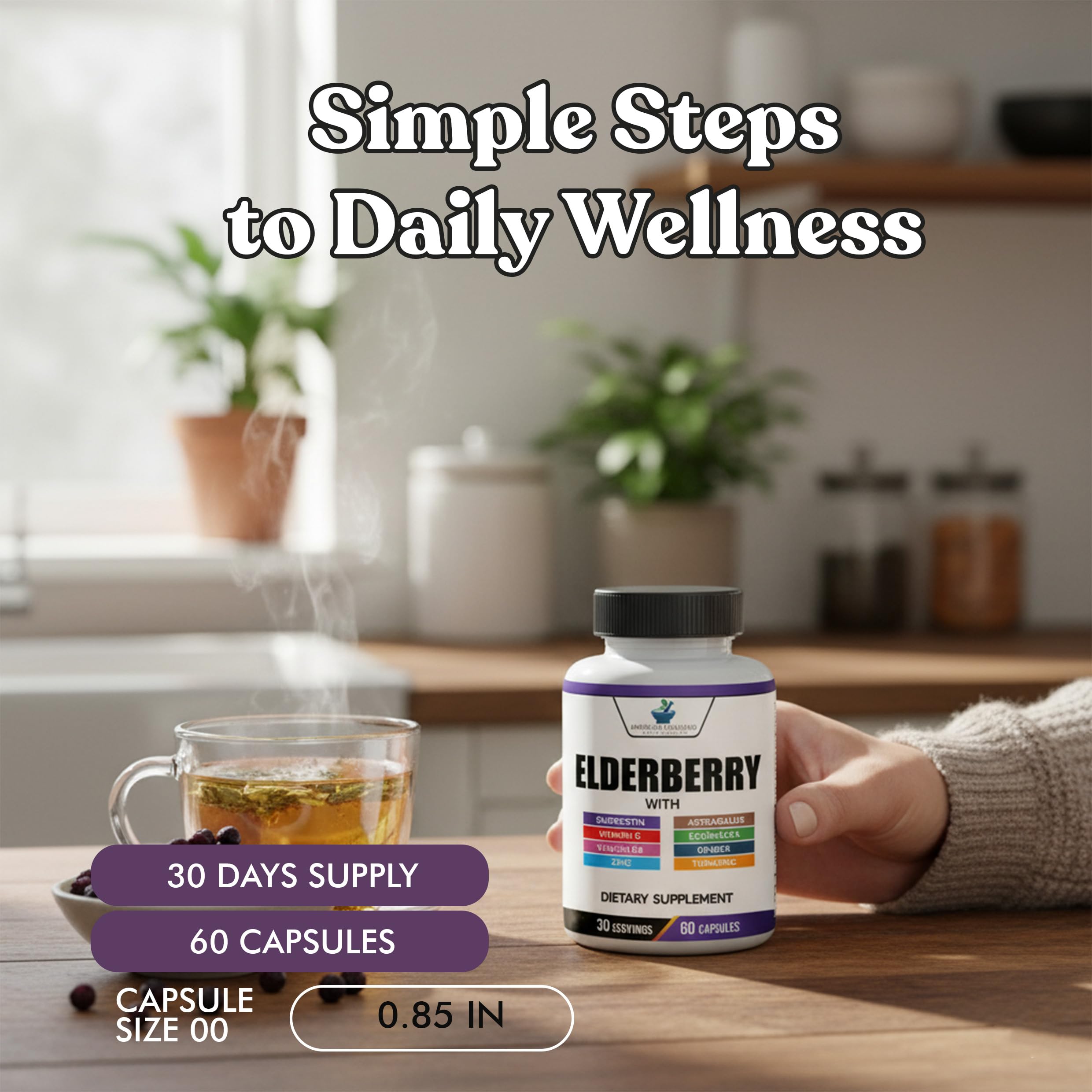 American Standard Supplements Elderberry Extract with Quercetin, Vitamin C, D3, Ginger, Zinc, Turmeric, Astragalus and Echinacea – 60 Capsules, 30 Servings — Amazon image 6