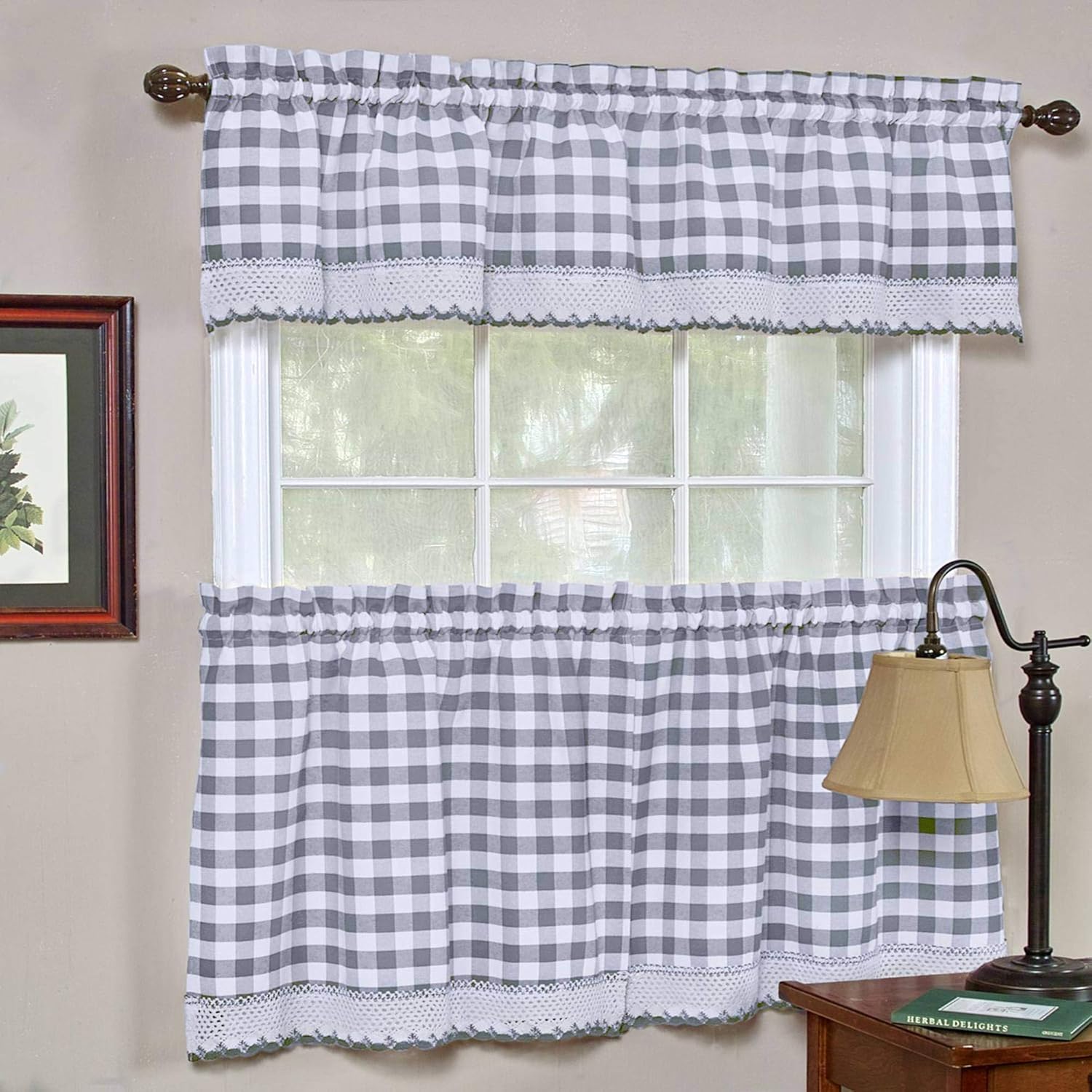 Woven Trends 3-Piece Tier and Valance Set, Window Kitchen Curtains Checkered Plaid Gingham Design, 29W x 36L Inches Farmhouse Tier Panels, Buffalo Cafe Curtain with Swag and Tier Pair Set, Grey