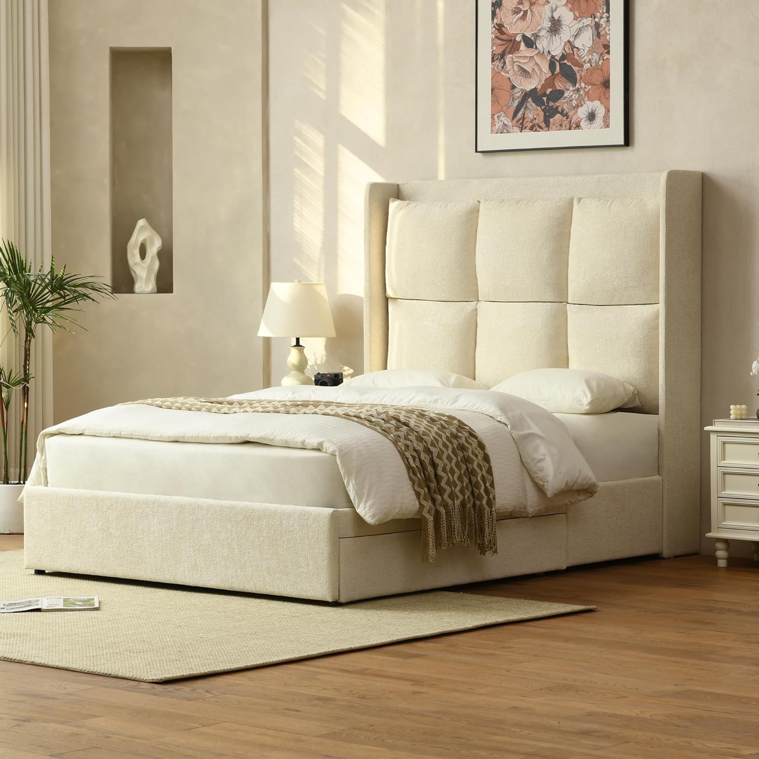 PINJU King Size Bed Frame with Storage Drawers with Linen Upholstery, Extra High Headboard, Wooden Slat Support, No Noise, Easy to Assemble (Cream, King (U.S. Standard))