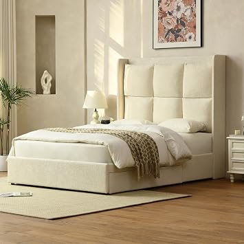 PINJU Queen Size Bed Frame with Storage Drawers with Linen Upholstery, Extra High Headboard, Wooden Slat Support, No Noise, Easy to Assemble Cream, Queen U.S. Standard