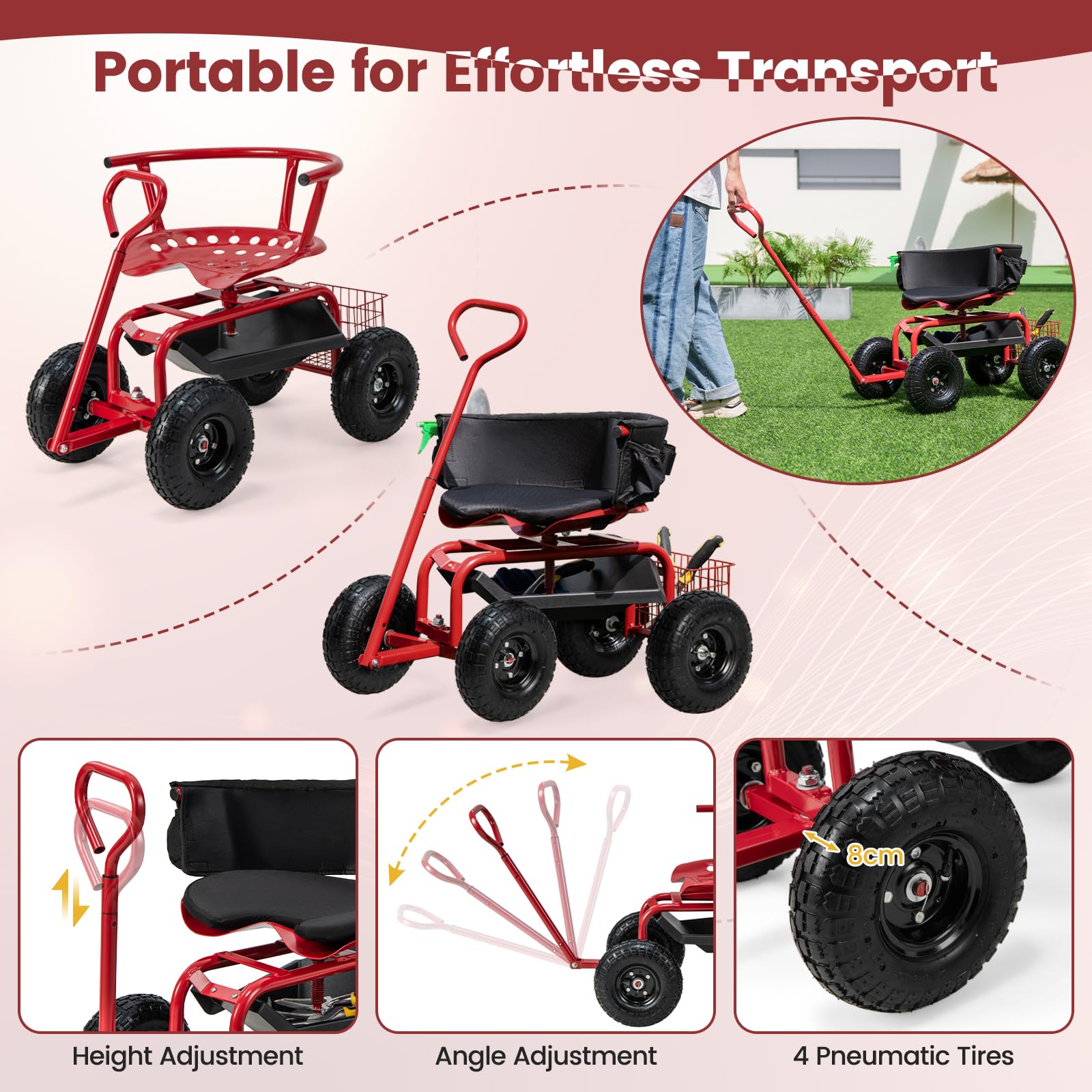 GOPLUS Chariot de Jardin Mobile, Siège Pivotant Réglable en Hauteur avec roulettes, Poignée, Coussin et Dossier Amovibles, Chariot de Jardin avec Rangement pour Jardinage, Charge 150 kg (Rouge)