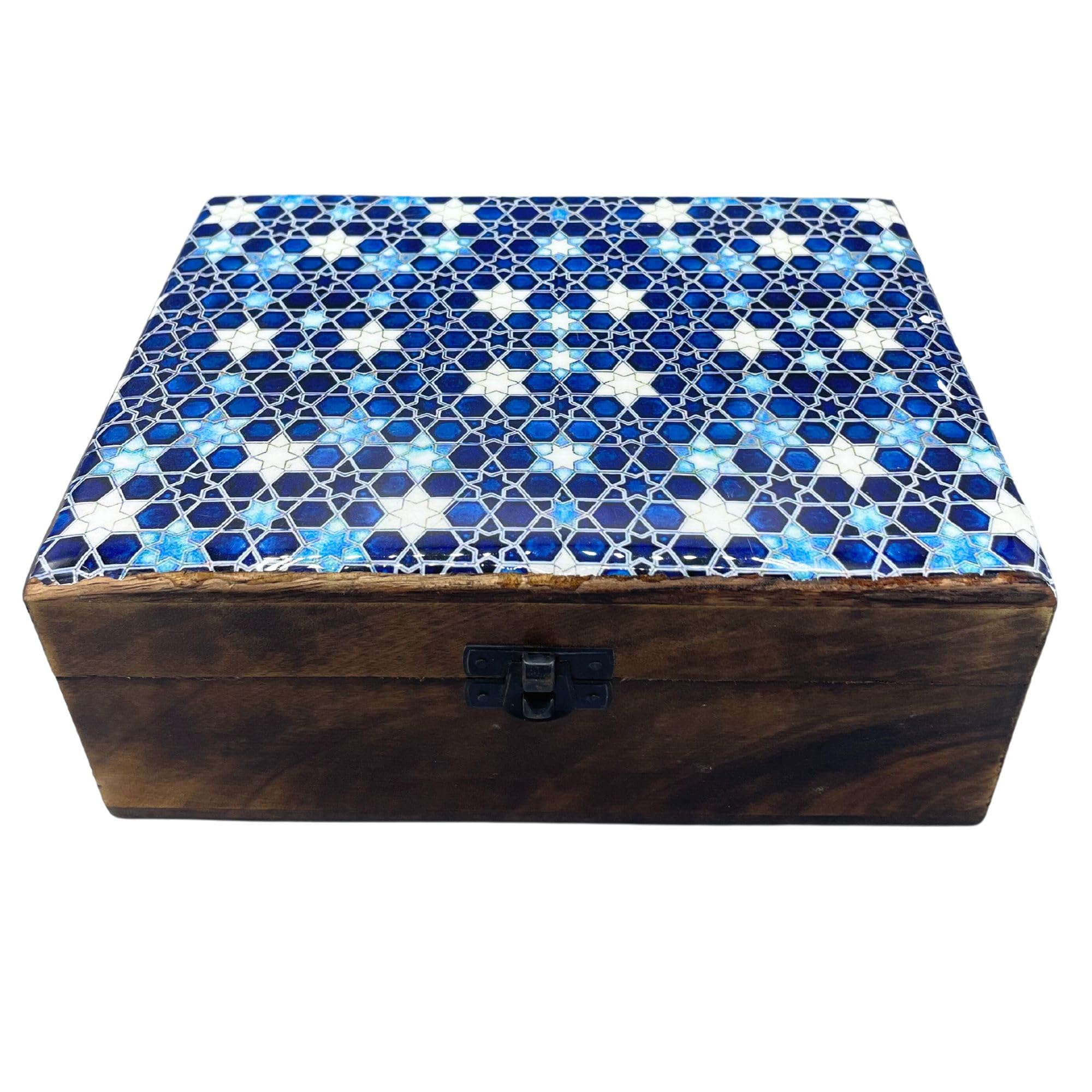Sacred Remedy Large Handcrafted Ceramic Glazed Wood Box with Blue Stars - 20x15x7.5cm Decorative Storage for Keepsakes, Jewelry & Trinkets - Unique Home Decor and Gift Idea