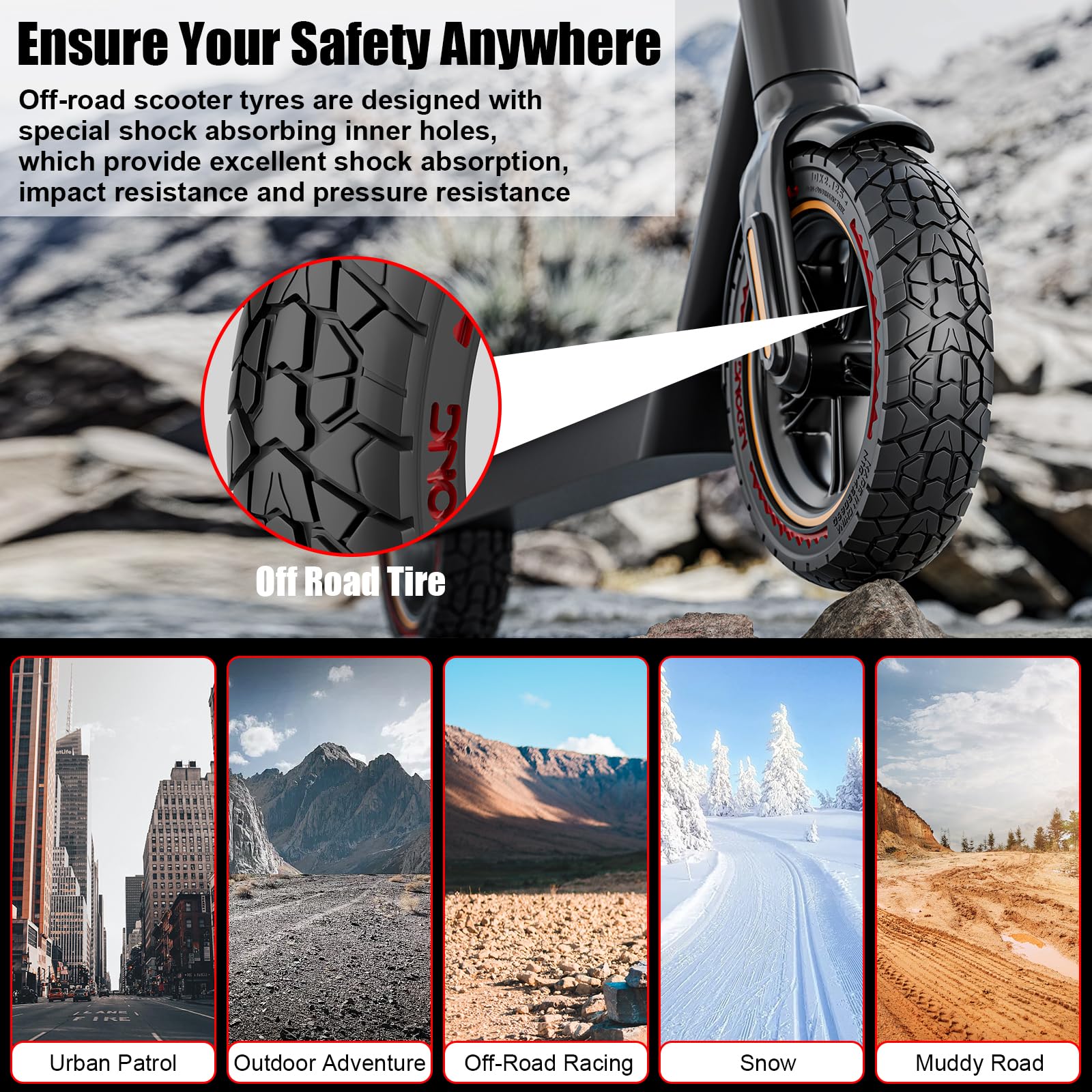 OUXI 10X2.125 Off Road pneumatico per scooter elettrico Ninebot F20/F30/F40/F65, 10 pollici anteriore/posteriore pneumatici in gomma piena Tubeless e-scooter pneumatici(rosso 2pcs)