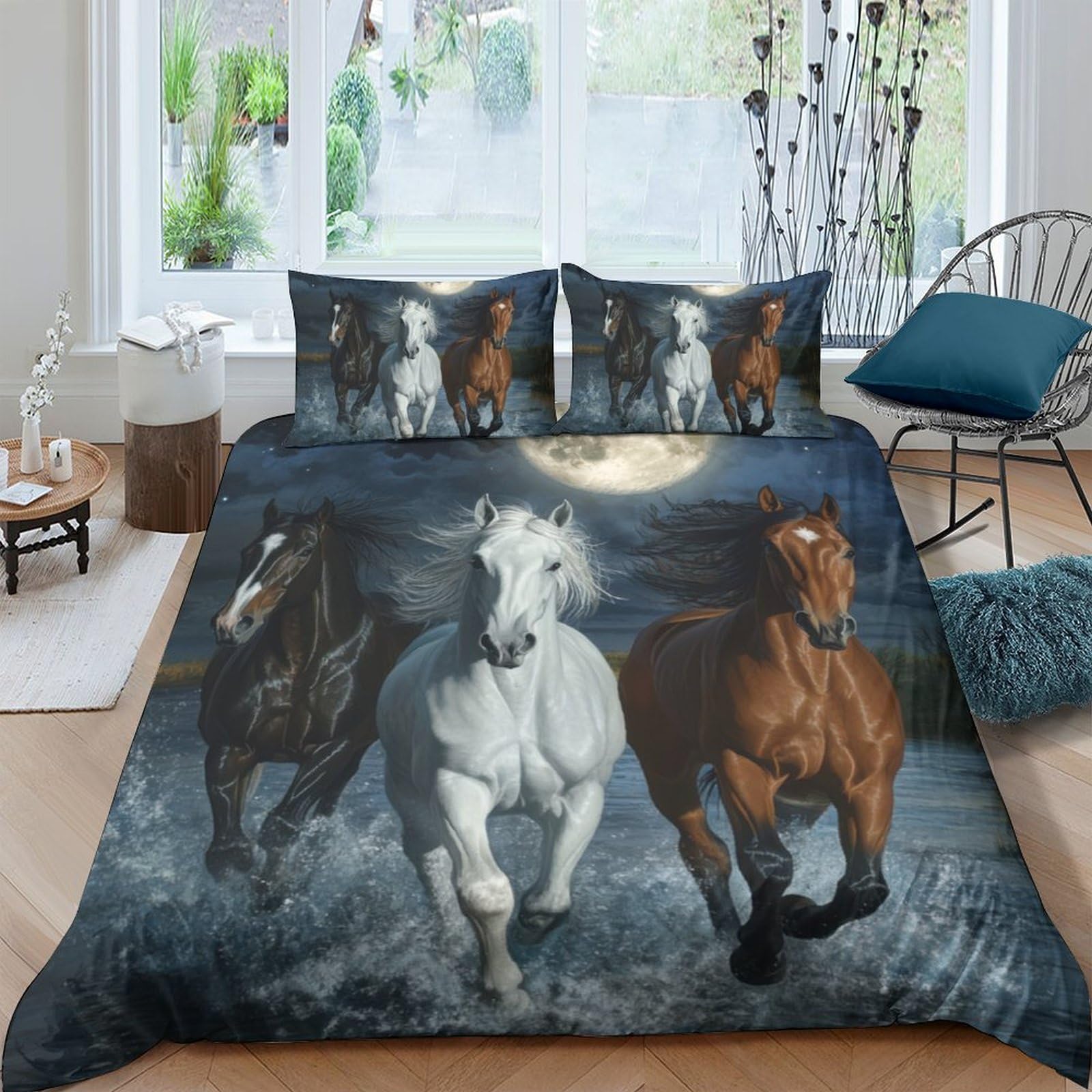 Ctjqhvkz Style-8 3D Printed Running Horses Fitted Sheet Microfiber Soft Brown White Black Moonlight Bed Cover Bedroom Décor Single（135X200cm）