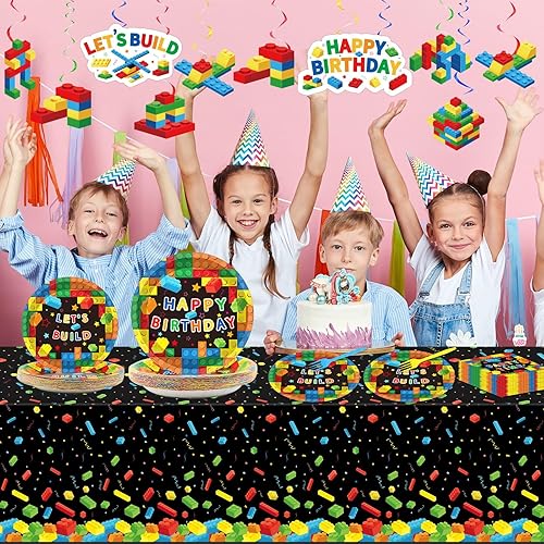 Miniatura 5 de Juego de 146 piezas de bloques de construcción para fiesta de cumpleaños, decoraciones de ladrillo de cumpleaños para niños, platos de papel,