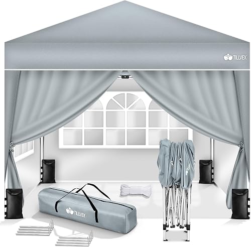 tillvex Gazebo Plegable Cenador 3x3m Impermeable | Pabellon de Jardin Pop-up Regulable en Altura | Carpa de jardín protección UV 50+ | Cenador de Fiesta con Bolsa (Gris - con 4 Paredes)
