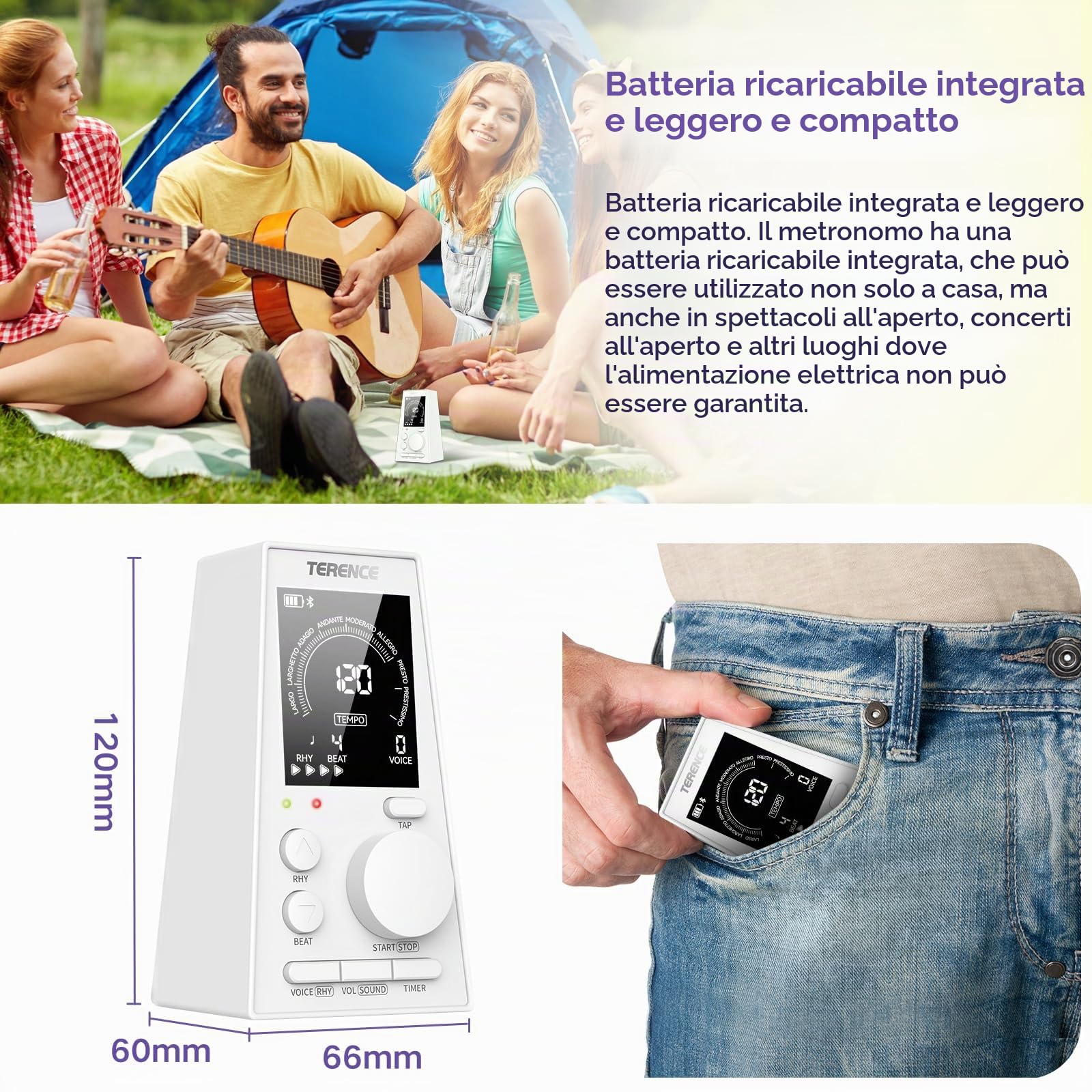 TERENCE Metronomo Digitale per Pianoforte Basso Ukulele Strumenti Musicali Metronomo Elettronico con Altoparlante LCD Display Volume Ritmo Regolabile Ricaricabile Timer Funzione Tempo 30-252bpm Bianco