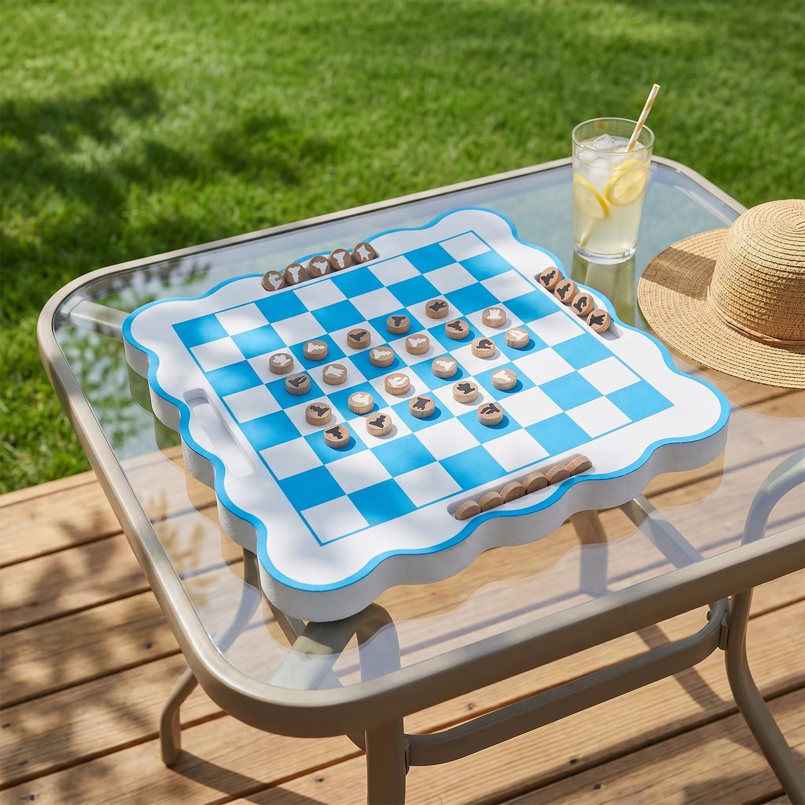 Wiooffen Portable Travel Chess Set EVA Floating Chessboard with Chess Pieces Scalloped Checkers Game Table Pool Board Games for 2-4 Players Family Summer Swimming Pool Hot Tub Beach Party Supplies