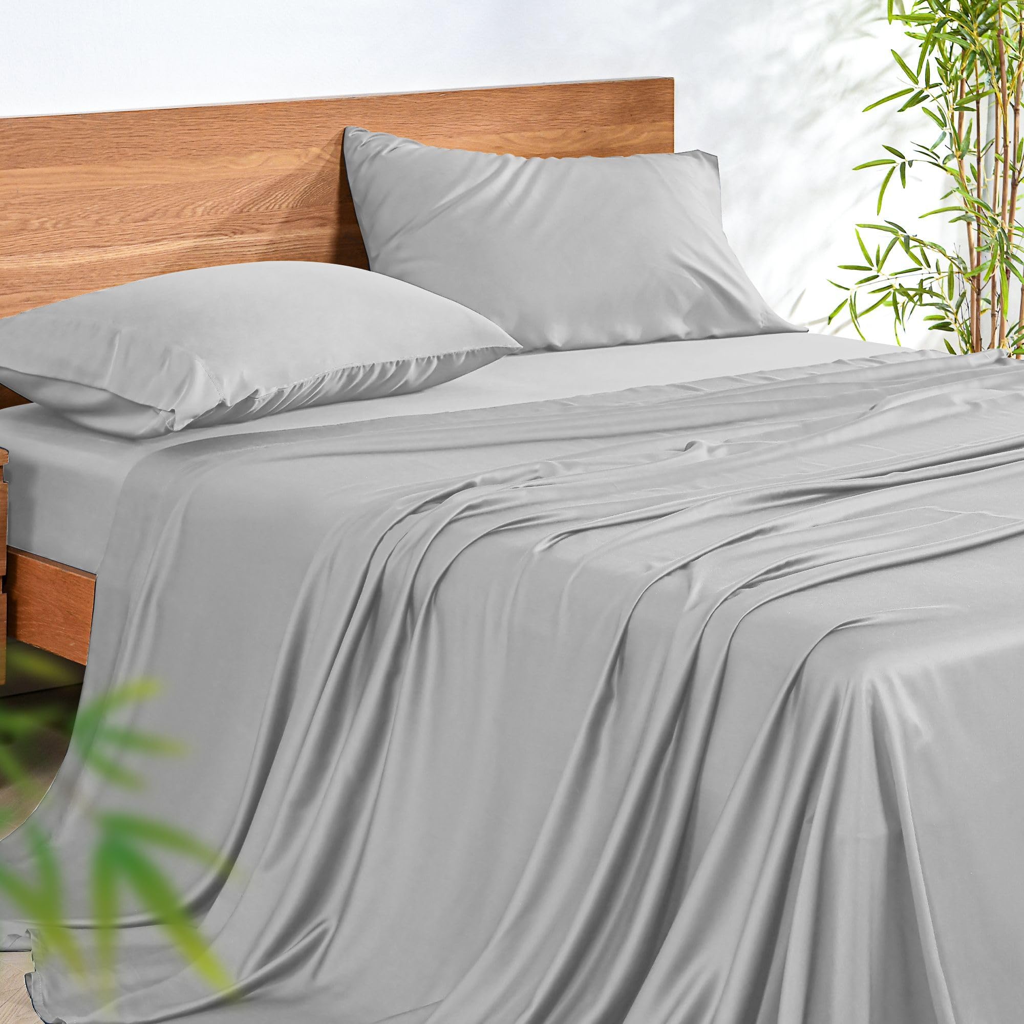 NATUREFIELD 100% Rayon Viscose Derived from Bamboo Sheets Set - Gray King Size 4 Piece- Hotel Luxury Silky-Smooth Feel, Cooling Breathable, for Hot Sleepers, 16' Deep Pocket, 240 Thread Count.