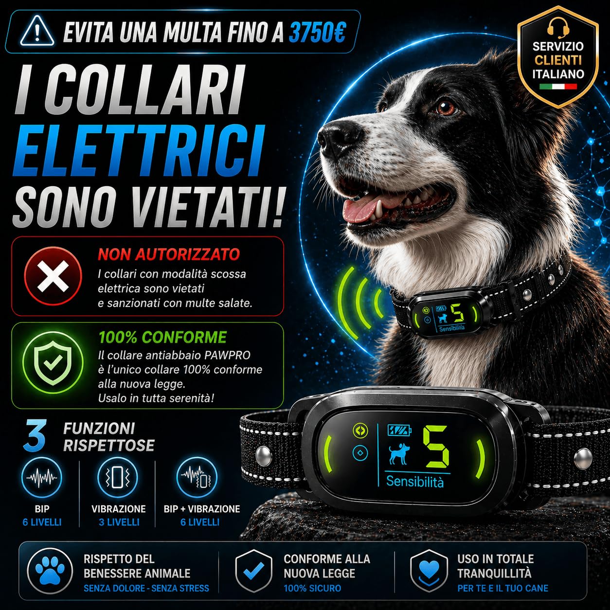 PAWPRO Collare Antiabbaio per Cani | Conforme Nuova Legge Benessere Animali 2024 | Intelligenza artificiale, Rilevamento Dell'Abbaiare, Schermo Colori | 3 modalità BEEP, Vibrazione, BEEP+Vibrazione