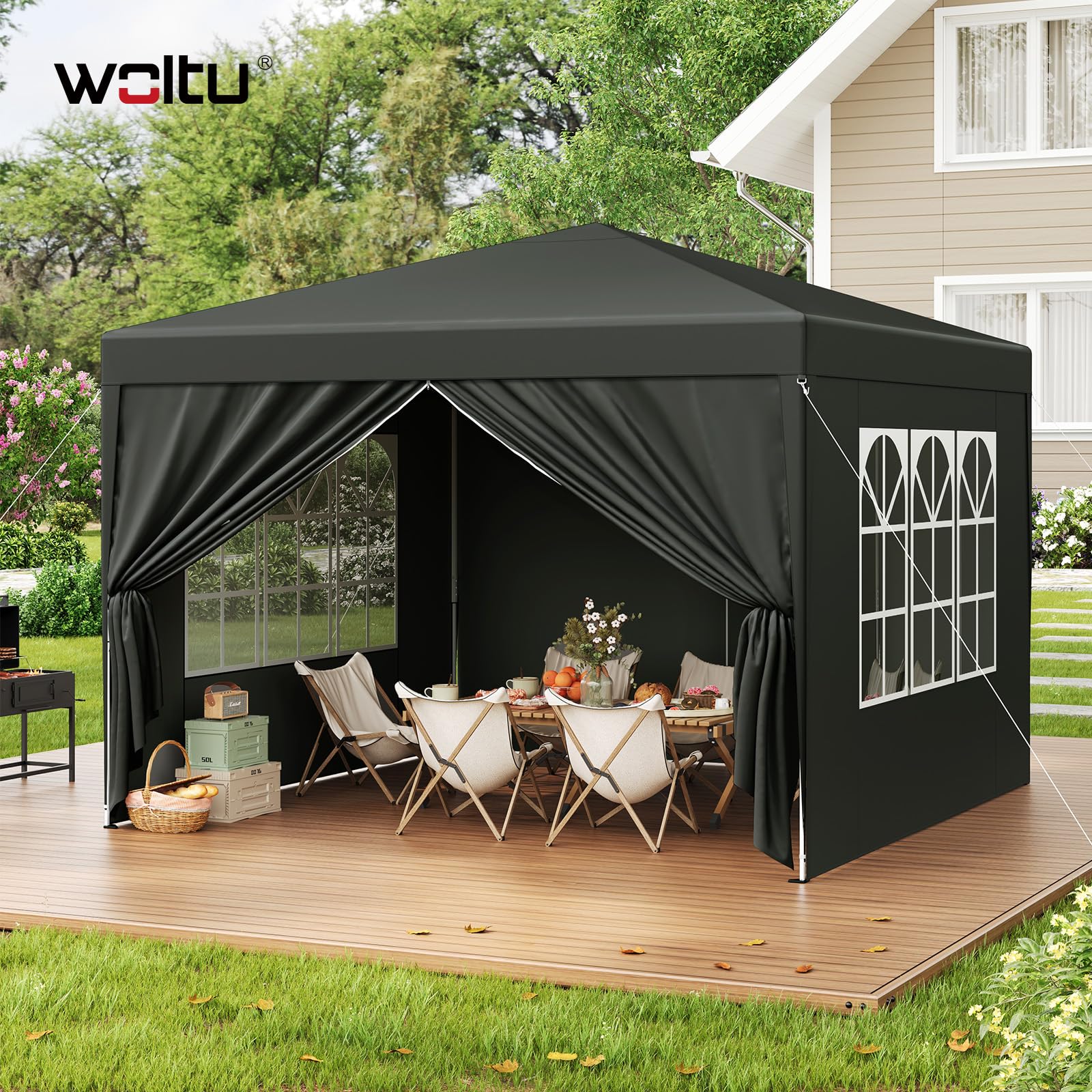 WOLTU Pavillon Pop-Up wasserdichter Faltpavillon Sonnenschutz Event Pavillon mit Seitenwänden Gartenpavillon auf Terrasse Camping Festival Pagodenzelt aus Oxford Metallrahmen 3 x 3 m Grau