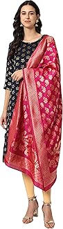 VredeVogel Women's Cotton Silk Blend Straight Kurta With Dupatta with Banarasi Silk Dupatta