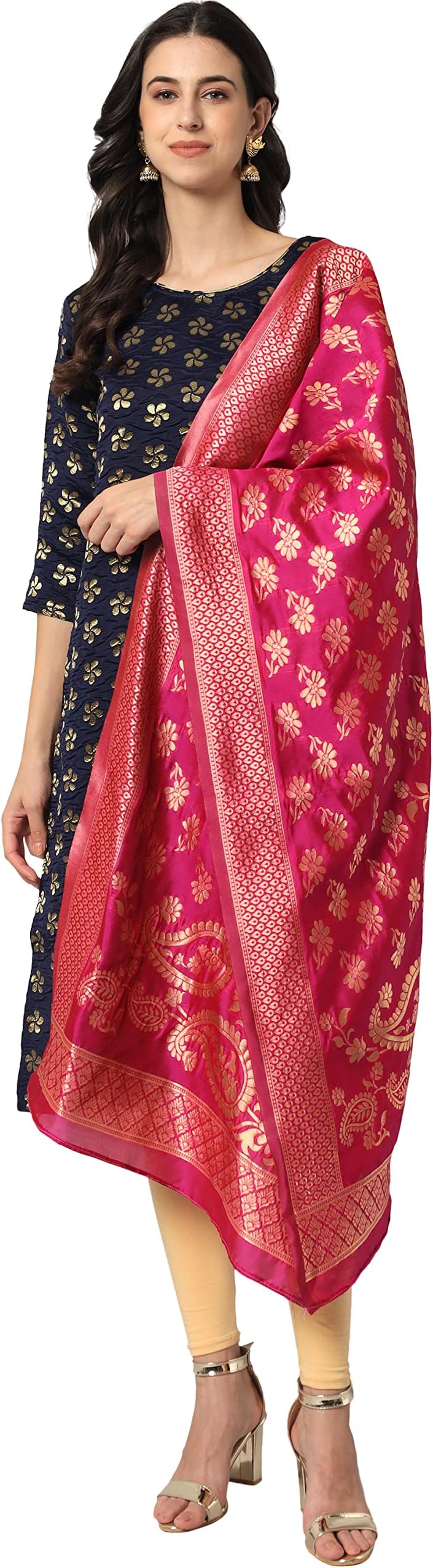 VredeVogel Women's Cotton Silk Blend Straight Kurta With Dupatta with Banarasi Silk Dupatta
