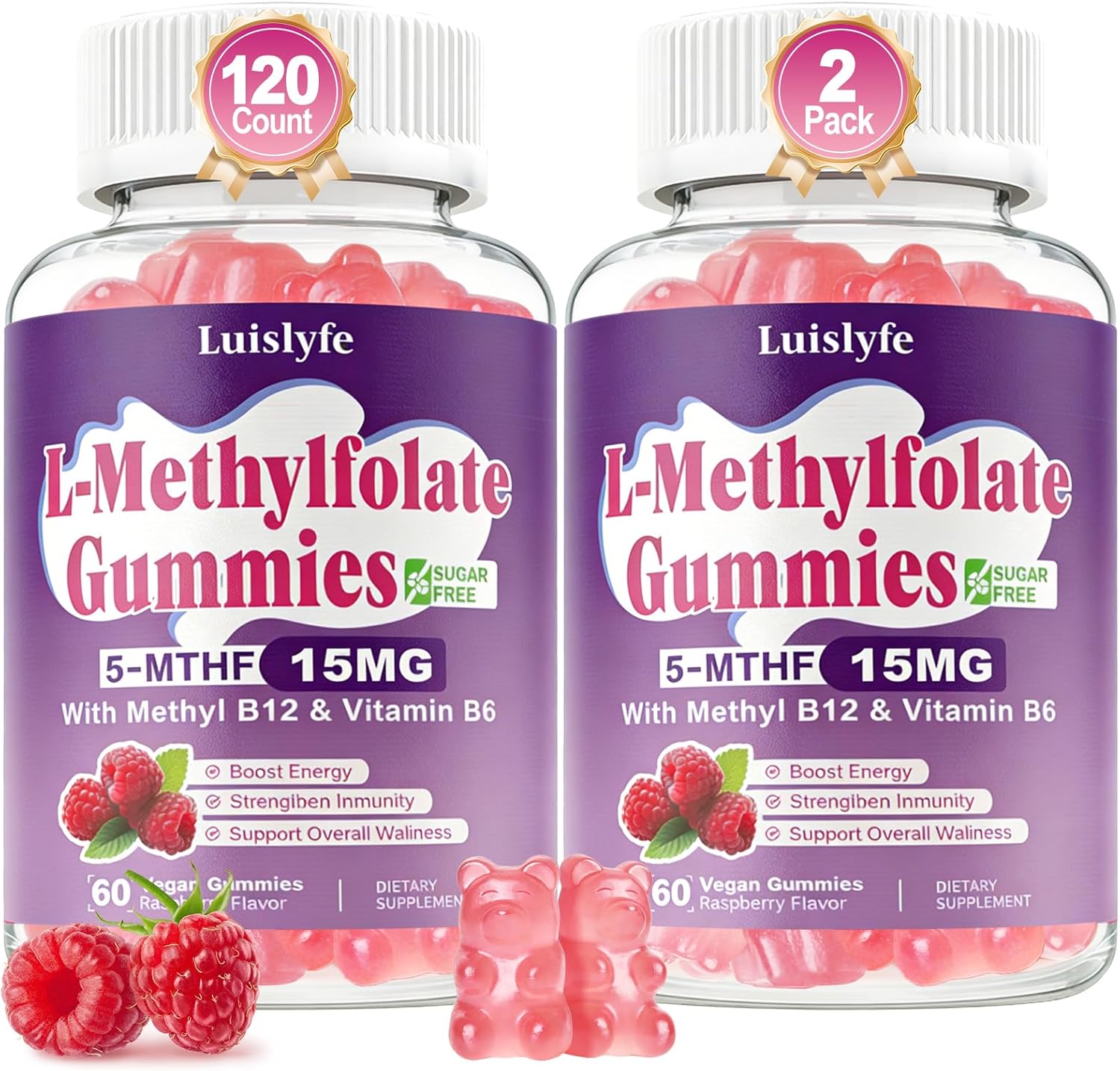 2 Pack L-Methylfolate 15mg Gummies & Methyl B12, High Absorption Active Folate 5-MTHF Supplement for Cognition, Mood & Immune, Sugar Free, Vegan, Non-GMO, Raspberry Flavor, 120 Count
