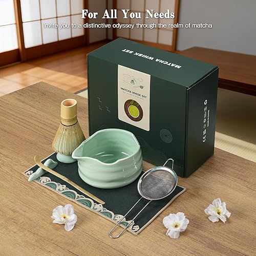 Miniatura 7 de Juego de batidor de matcha Juego de 7 piezas de cerámica Matcha con cuenco, batidor, soporte, cuchara, tamiz, descanso y toalla - Kit de Matcha
