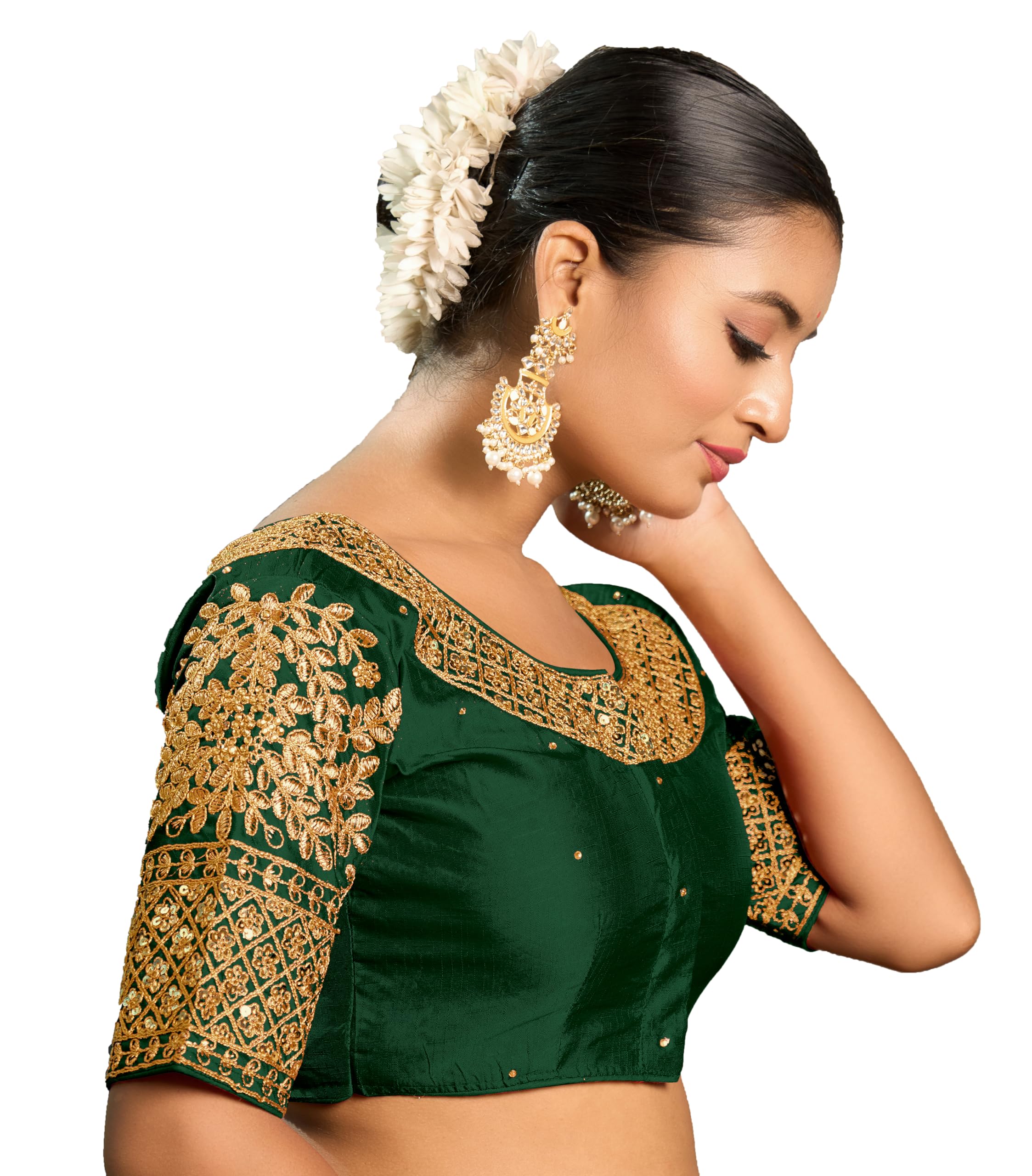 Vihu Fashion Women's Heavy Embroidery Coding With Sequins Work Half Sleeves Fancy Readymade Saree Blouse(Chamak Green_38)