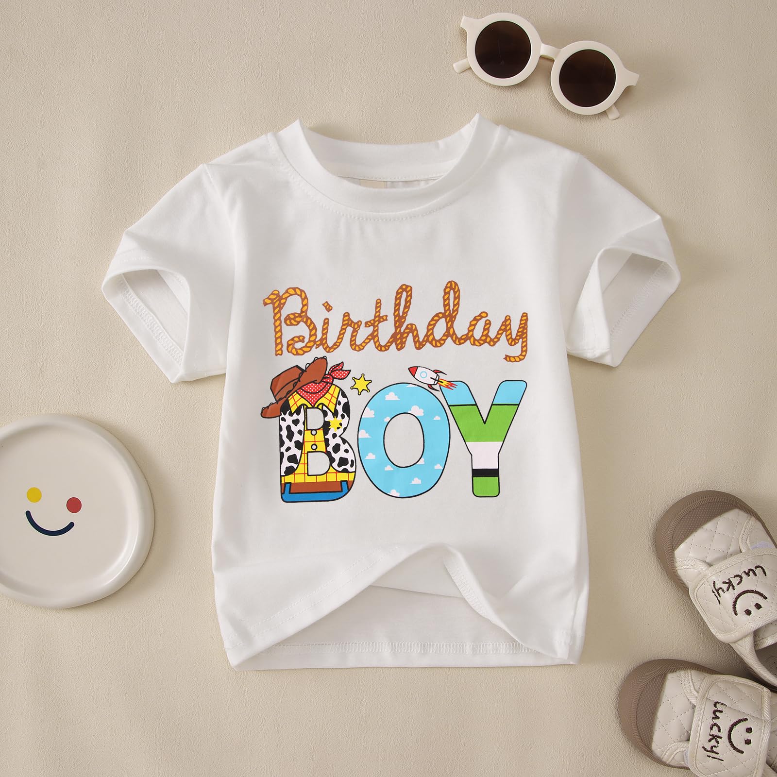 T-shirt d'anniversaire pour garçon de 1 à 6 ans - T-shirt mignon imprimé de dessin animé - T-shirt d'été à manches courtes en coton - Vêtements pour enfants - Tenue de fête d'anniversaire pour bébé