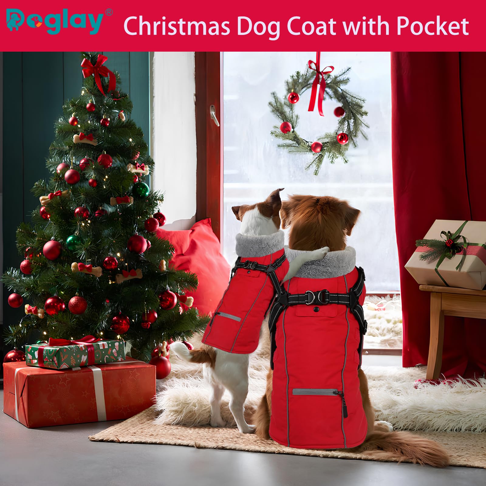 Doglay - Giacca per cani con imbracatura integrata, impermeabile giacca invernale per cani con tasca e un rotolo di sacchetto per la cacca, giacca riflettente regolabile per cani