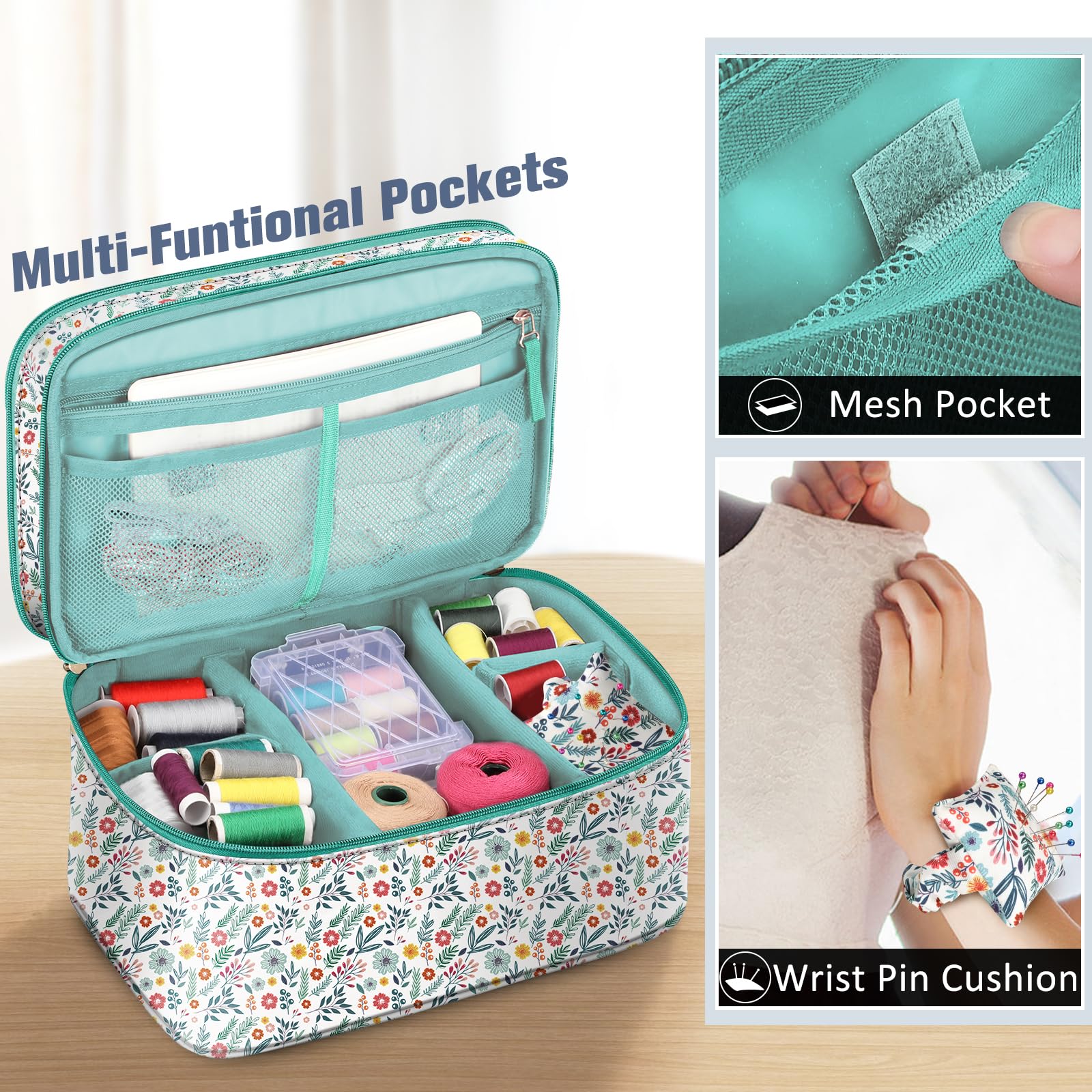 FINPAC Estuche organizador y de almacenamiento de accesorios de costura, kit de costura de doble capa con cojín de muñeca para hilos, agujas, suministros de hilo de bordado, kits de fieltro (flor de
