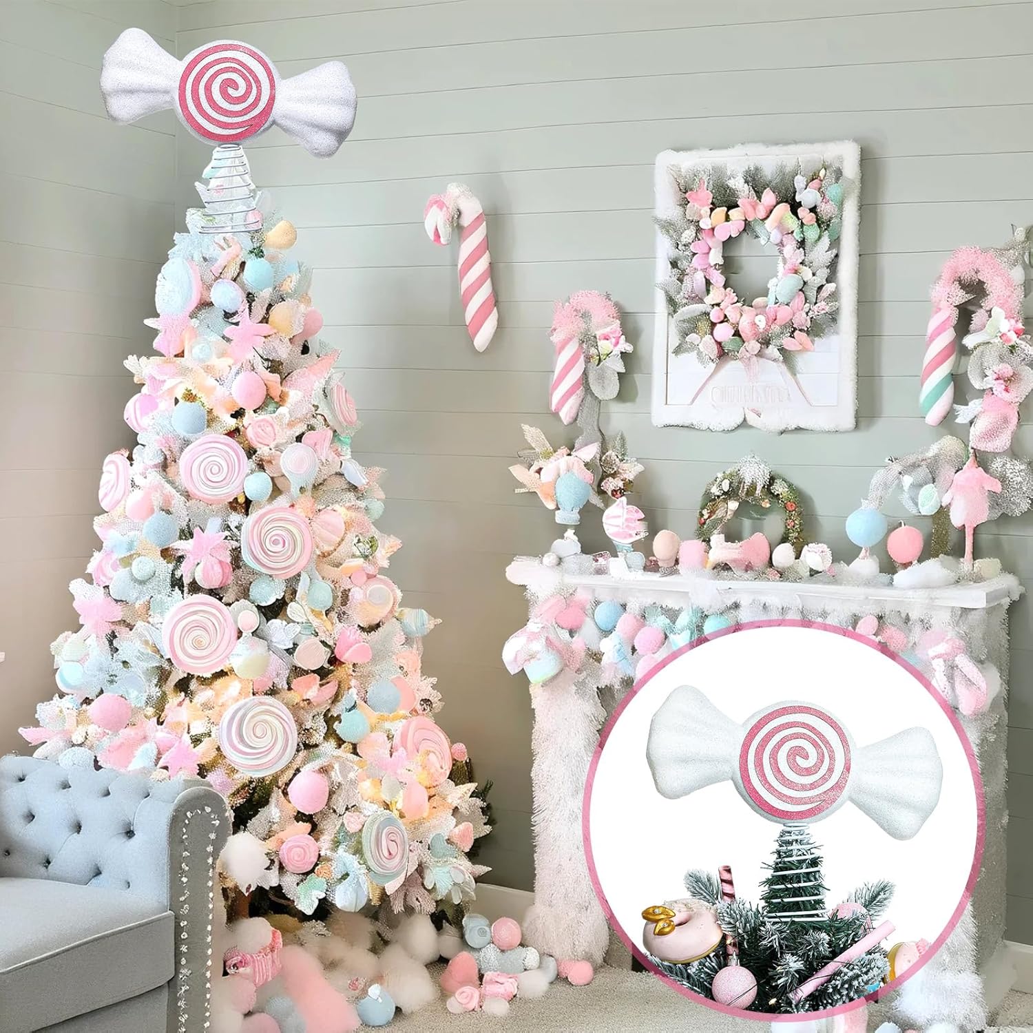 Retisee 9.8 in Large Christmas Pastel Candy Cane Tree Topper Pink Candy Swirl Treetop Pink Christmas Ornaments for Xmas New Year Birthday Party Tree Decorations