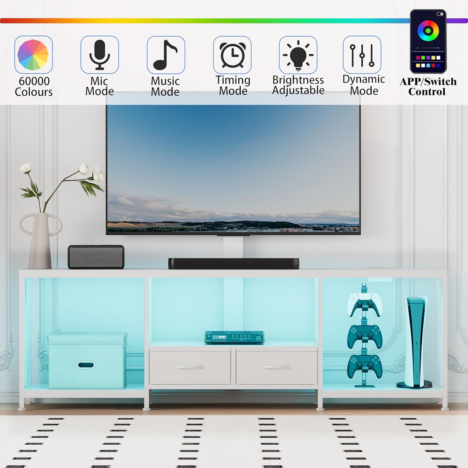 63" W TV Stand with Mount for 55,65,75" TV,Entertainment Center with Power Outlet and Led Lights,Height Adjustable TV Console Table with Open Storage Shelves and Fabric Drawers (White, 63" W)