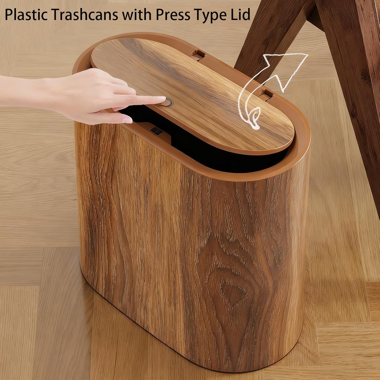 Bathroom Garbage Can with Lid,Plastic Narrow Kitchen Trash Can,Plastic Wood Grain Finish Pattern Trashcans with Press Type Lid,Hand-Press Lids Mechanism,Durable and Space-Efficient Design (Brown)