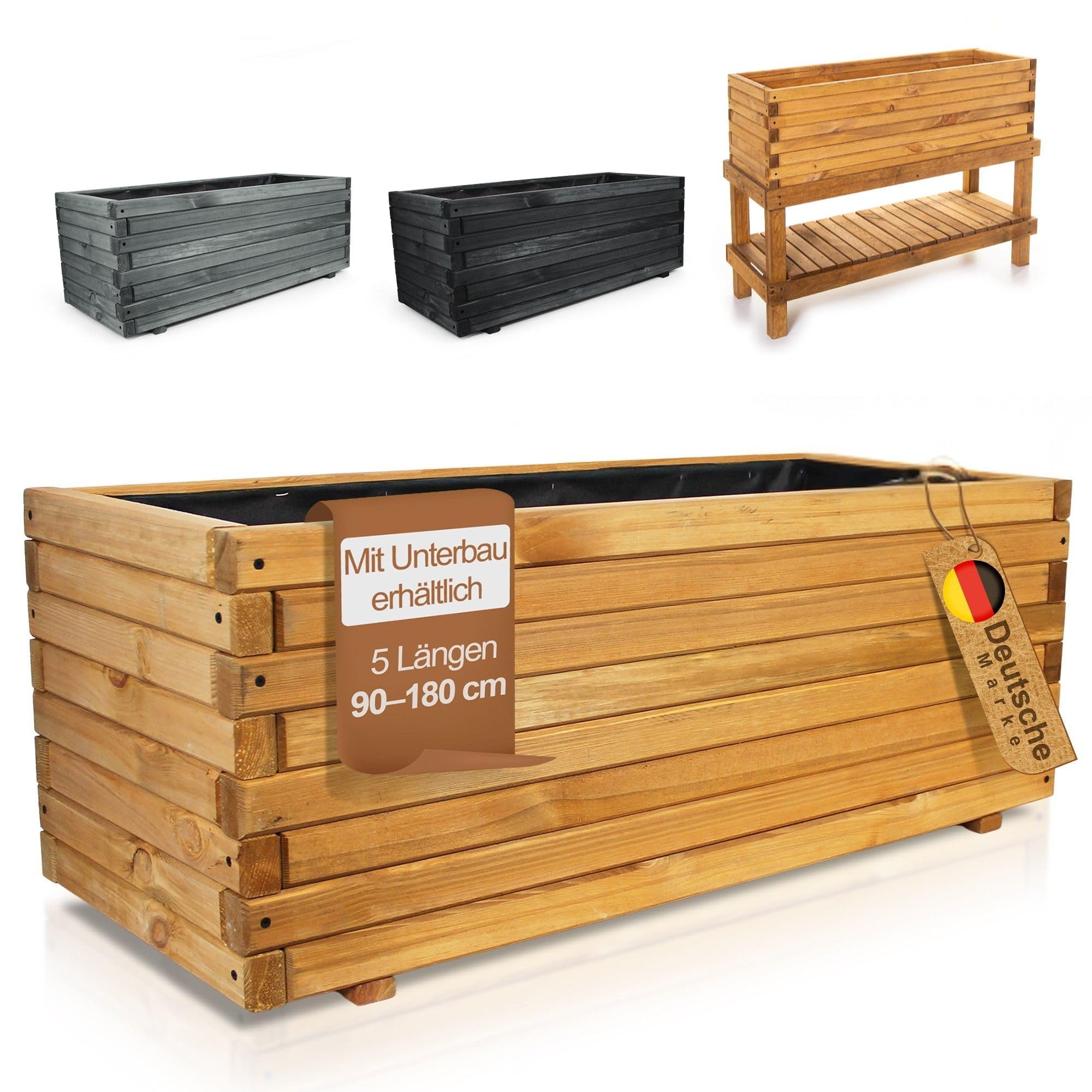 BooGardi Pflanzkübel groß außen & innen mit Vlies · Pflanzkasten rechteckig in 10 Größen · 90 cm lang naturbraun · Hochbeet Holz für Garten, Balkon & Terrasse · Blumenkasten XXL