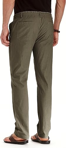 Miniatura 3 de Pantalones casuales de lino para hombre, ajuste holgado, cintura elástica con cordón, pantalones de verano para yoga y playa