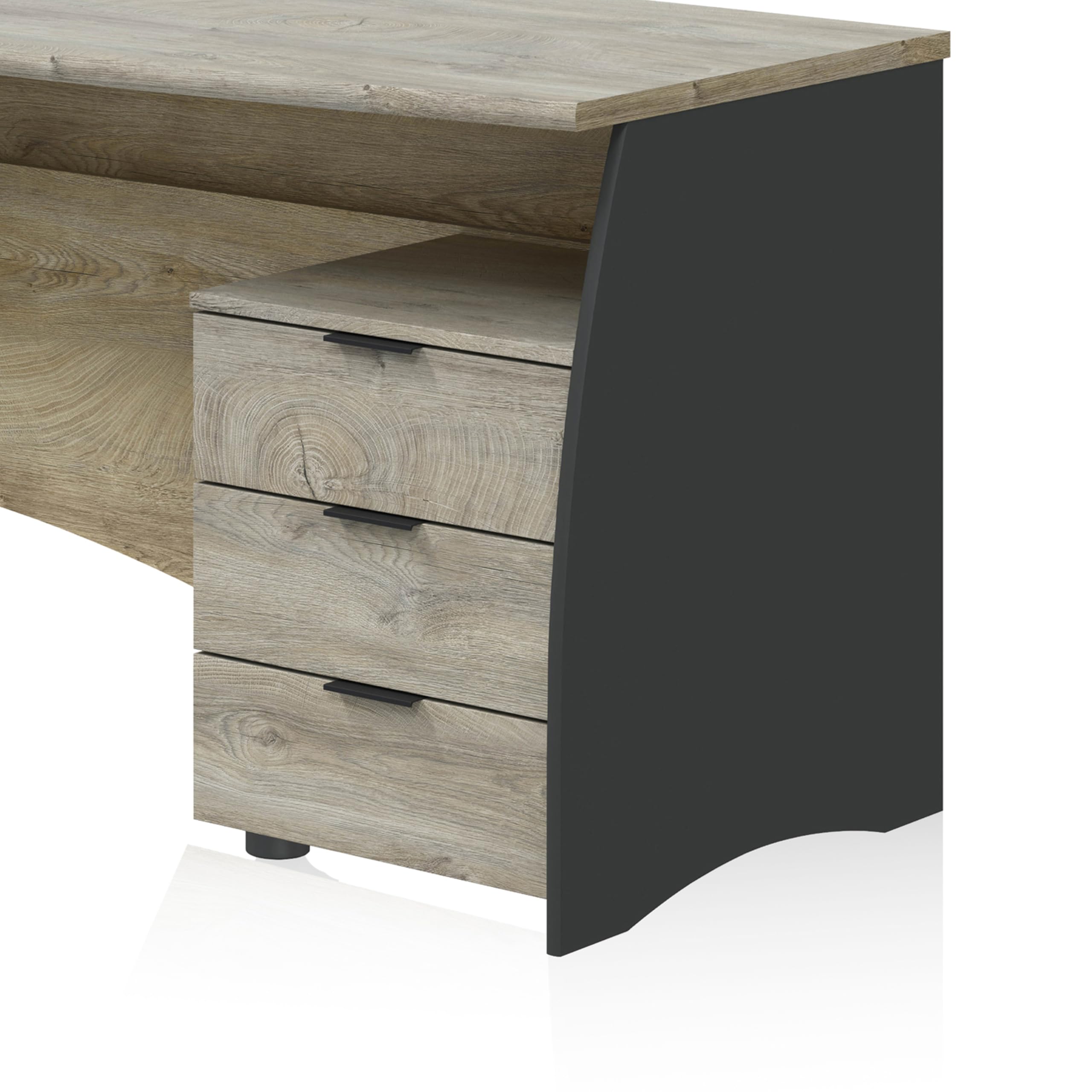 duehome | Mesa de Despacho con 3 Cajones, Mesa de Oficina o Estudio, Modelo Elan, Acabado en Gris Antracita y Roble Alaska, Medidas: 136 cm (Ancho) x 67 cm (Fondo) x 74 cm (Alto)