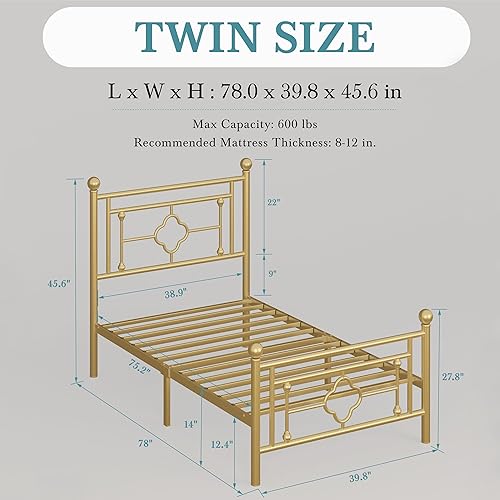 Miniatura 2 de HOOMIC Base de cama de plataforma metálica de tamaño individual de 14 pulgadas con estilo victoriano vintage, cabecera y estribo de hierro