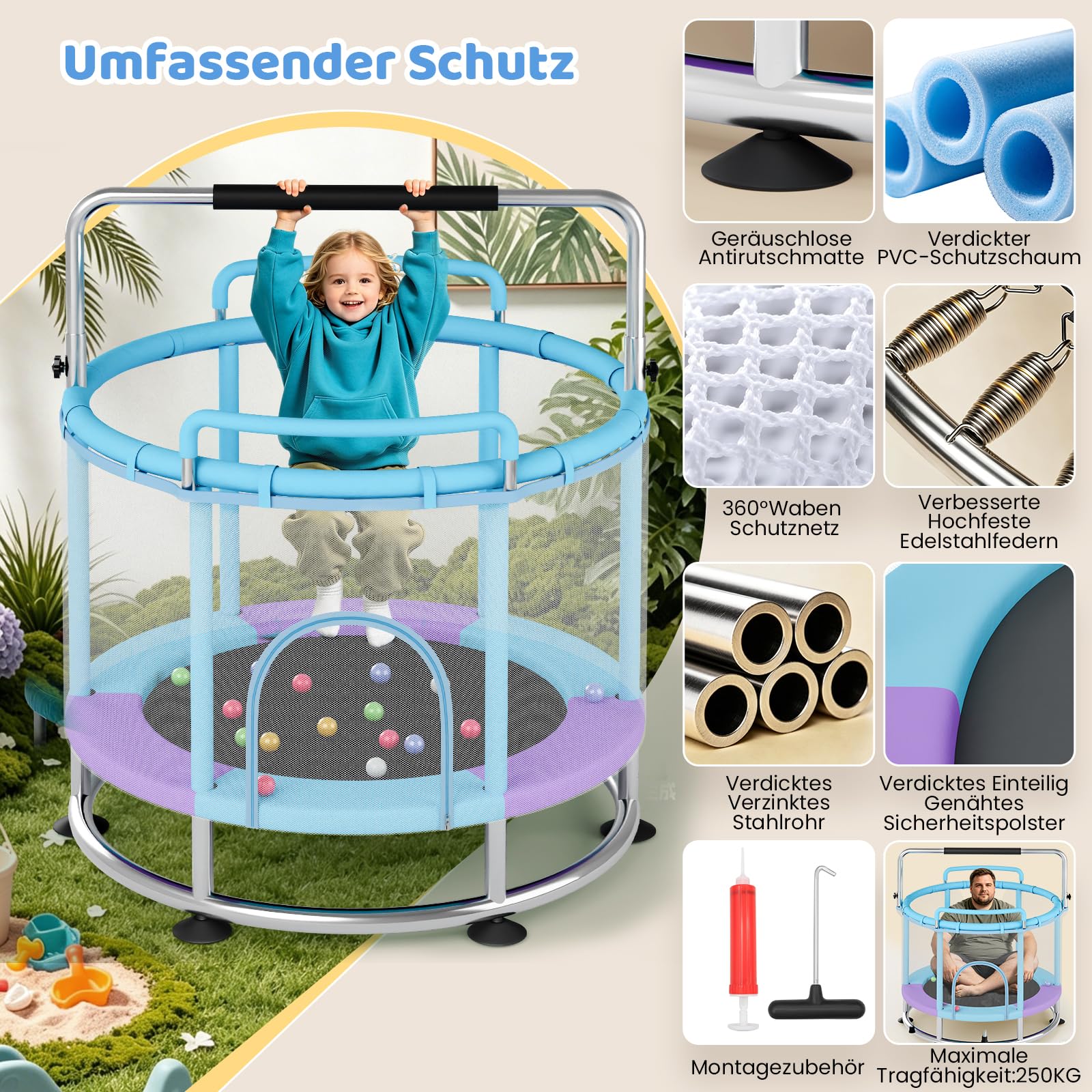 Trampolino per bambini, 150 cm, trampolino per bambini, per interni fino a 250 kg, asta regolabile in 3 posizioni, rete di sicurezza, base antiscivolo, altalena, sacco di sabbia