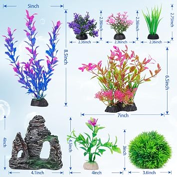 Ameliade Aquarium Artificial Plants & Rock Cave Betta Fish Tank Decor Set | Betta Goldfish Aquarium Accessories, Soft Plastic Plants & Rock Cave Decorations, Small and Large Fish Bowl Ornaments