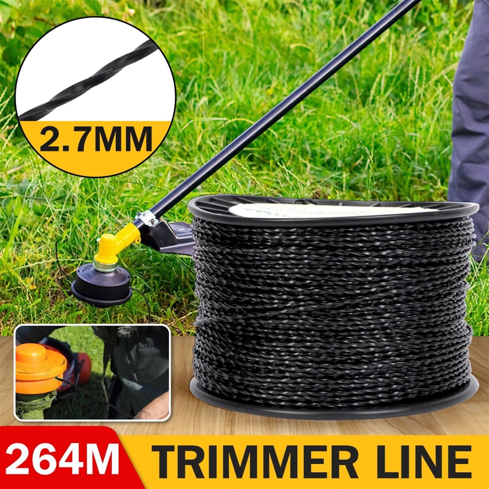 Schwarzer Trimmerfaden, Spiraldrehschnur, 2,7 mm x 264 m, Whipper Snipper Cord