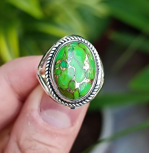 Miniatura 3 de Navya Craft Green Copper Turquoise Ring, 925 Sterling Silver Statement Promise Ring for Women, Natural Turquoise Oval Gemstone Handmade Boho