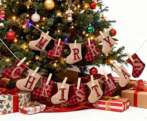 Miniatura 7 de Cartel de arpillera de Feliz Navidad, decoración navideña en forma de calcetín, decoración colgante para interiores y exteriores, decoraciones