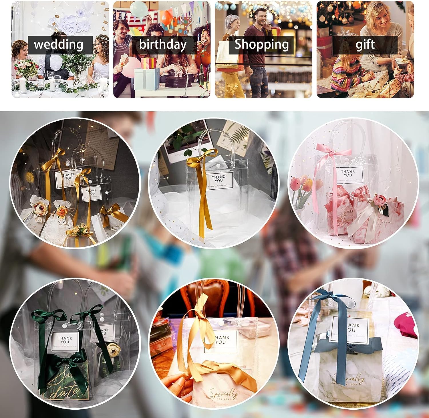 30 Sacchetti Regalo in Plastica Trasparente in PVC con Manici, Sacchetti Regalo in Plastica Riutilizzabili 20x20x8 Cm per Acquisti al Dettaglio, Affari, Boutique, Matrimoni