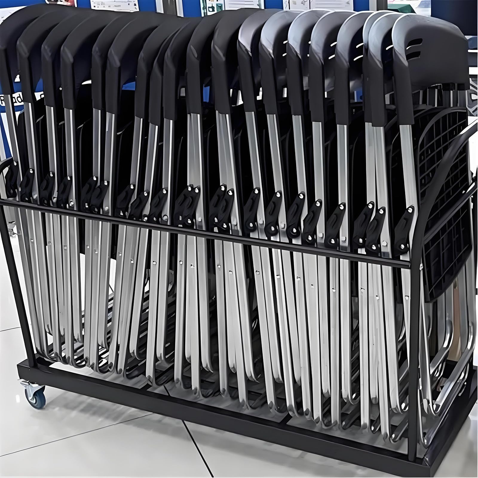 Carrito para almacenar sillas Plegables, Plataforma móvil Plegable para 16-20 sillas Plegables, Plataforma metálica Resistente con Ruedas de Goma con Bloqueo, Ideal para oficinas y Empresas.