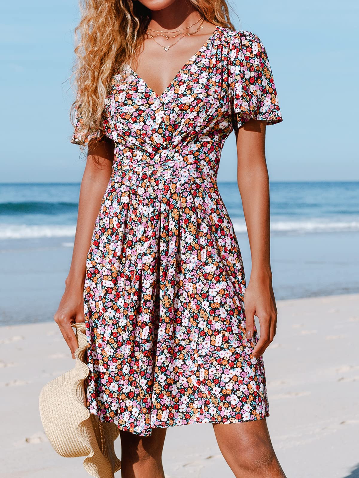 CUPSHE Robe Midi Femme Imprimé Floral Col V Évasé Manches Courtes Bouton Longueur Genou