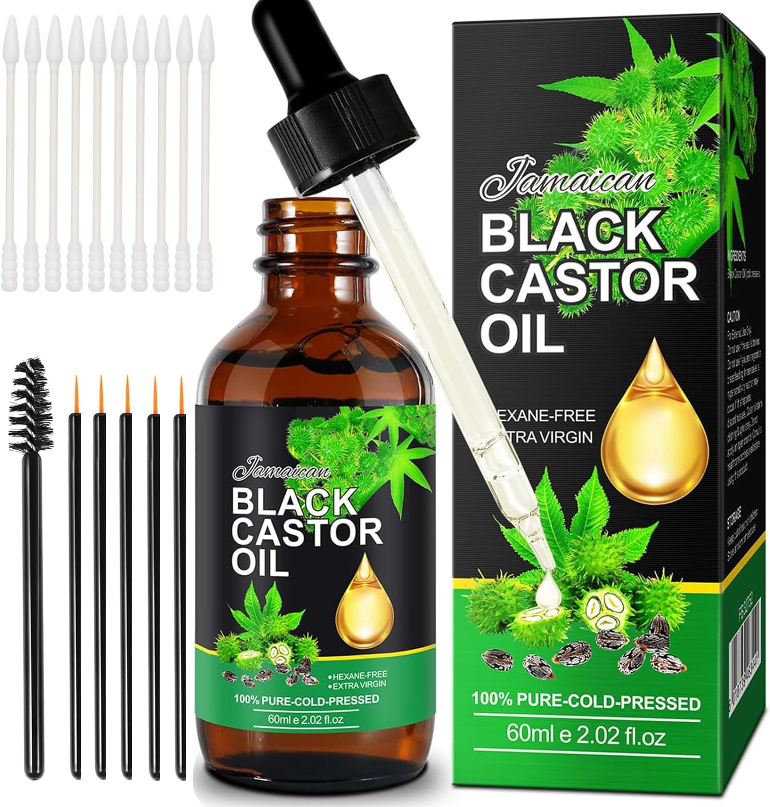 Jamaican Black Castor Oil, Castor Oil Organic Cold Pressed Unrefined, Pure Natural Castor Oil for Hair Growth, Eyelashes & Eyebrows, Deep Cleansing, Skin & Scalp Moisturizer, Nail Care Grow, 60ML