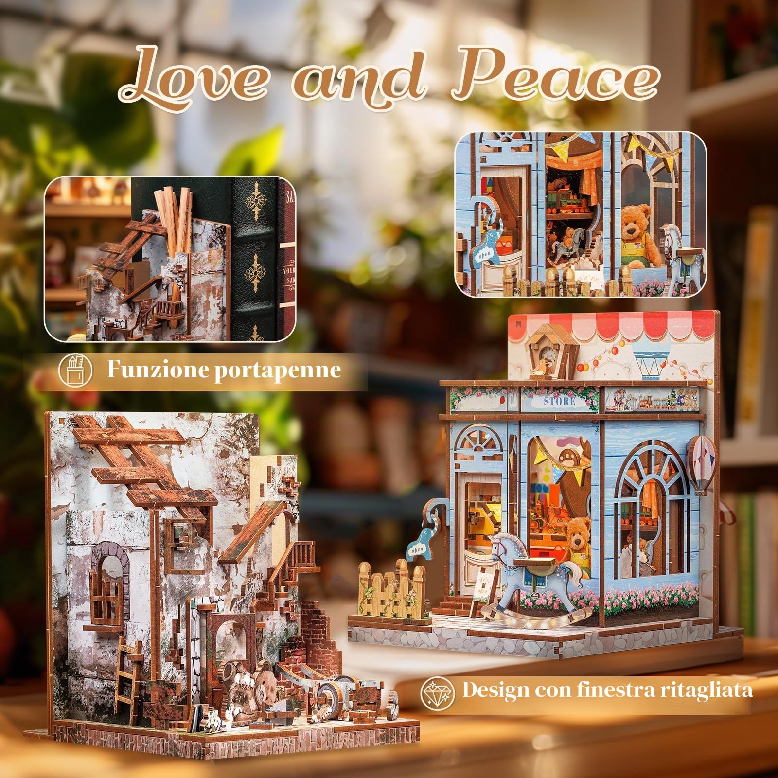 CUTEBEE Kit Book Nook - Confezione da 2 fermalibri in miniatura di Natale - Decorazione per libreria - Diorama - Kit di costruzione per adulti (Amore e Pace)