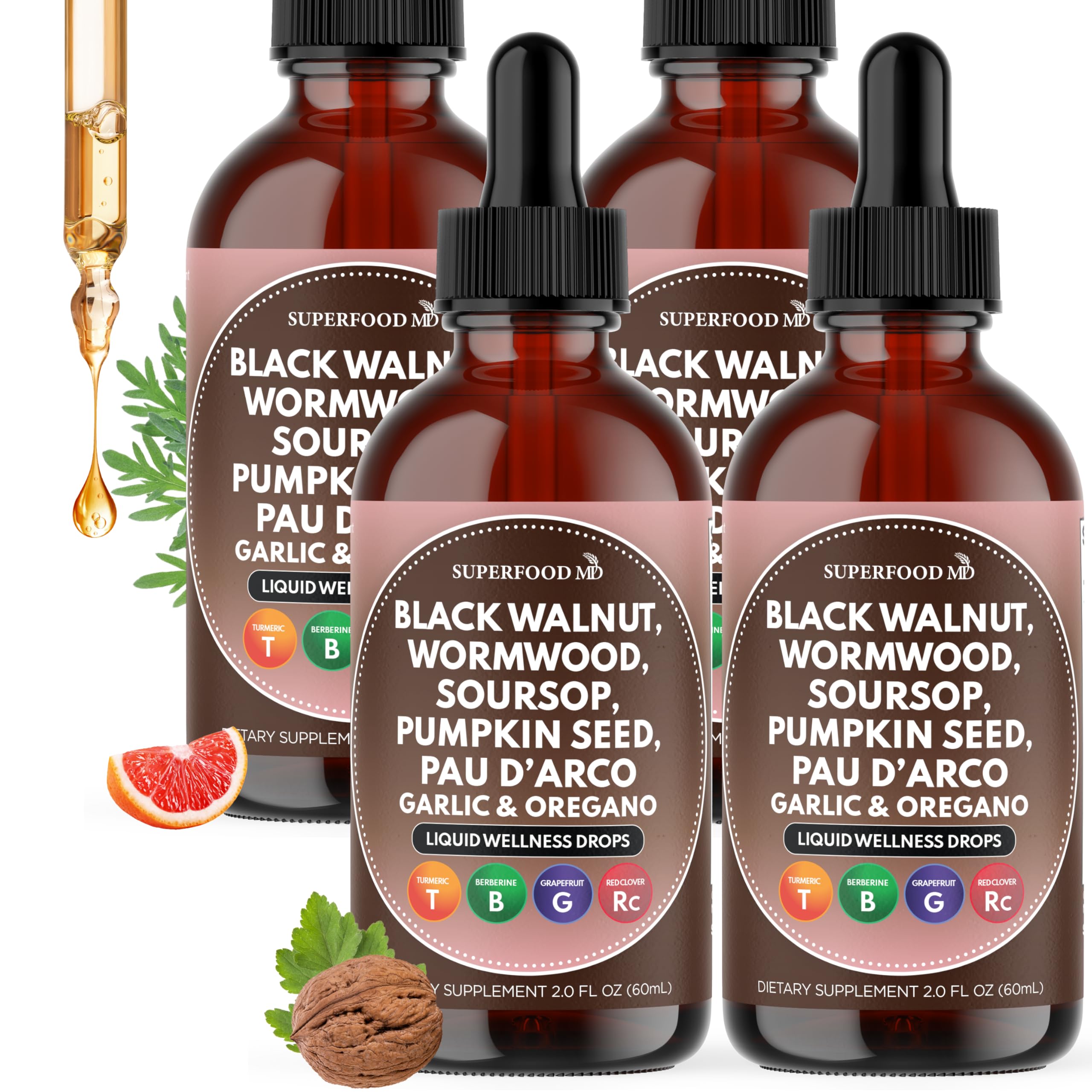 Wormwood Black Walnut Cleanse for Humans Drops Liquid Soursop Garlic Pumpkin Seed PAU D'Arco Oil of Oregano Turmeric Berberine Neem Extract Hull Bark Tincture - 8 oz 8 Fl. Oz (Pack of 4)