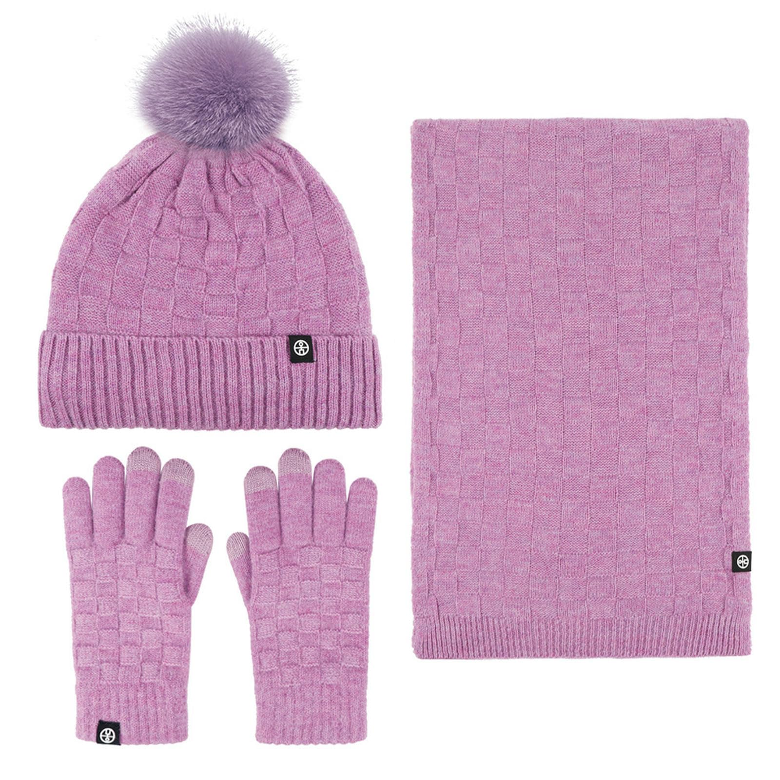 Wintermütze Schal Handschuhe Set Winter-Set Mit Fleece-gefütterter, Warmer Bommel-strickmütze, Und Handschuhen Für Den Außenbereich-schwarz