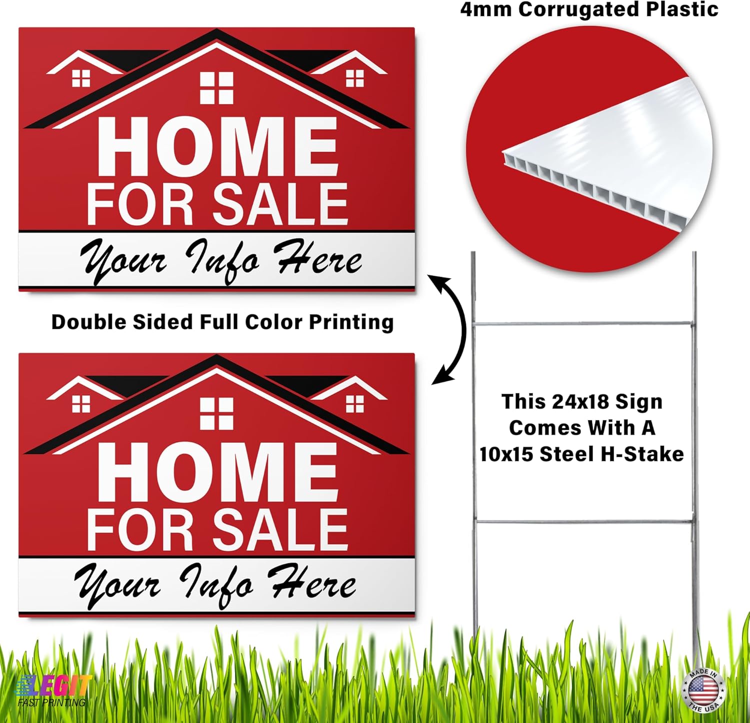 Personalized Home For Sale Yard Sign, Double Sided with Steel H Stake, 24 x 18 inches, Weatherproof Corrugated Plastic, Custom House for Sale Sign, For Sale by Owner Yard Sign