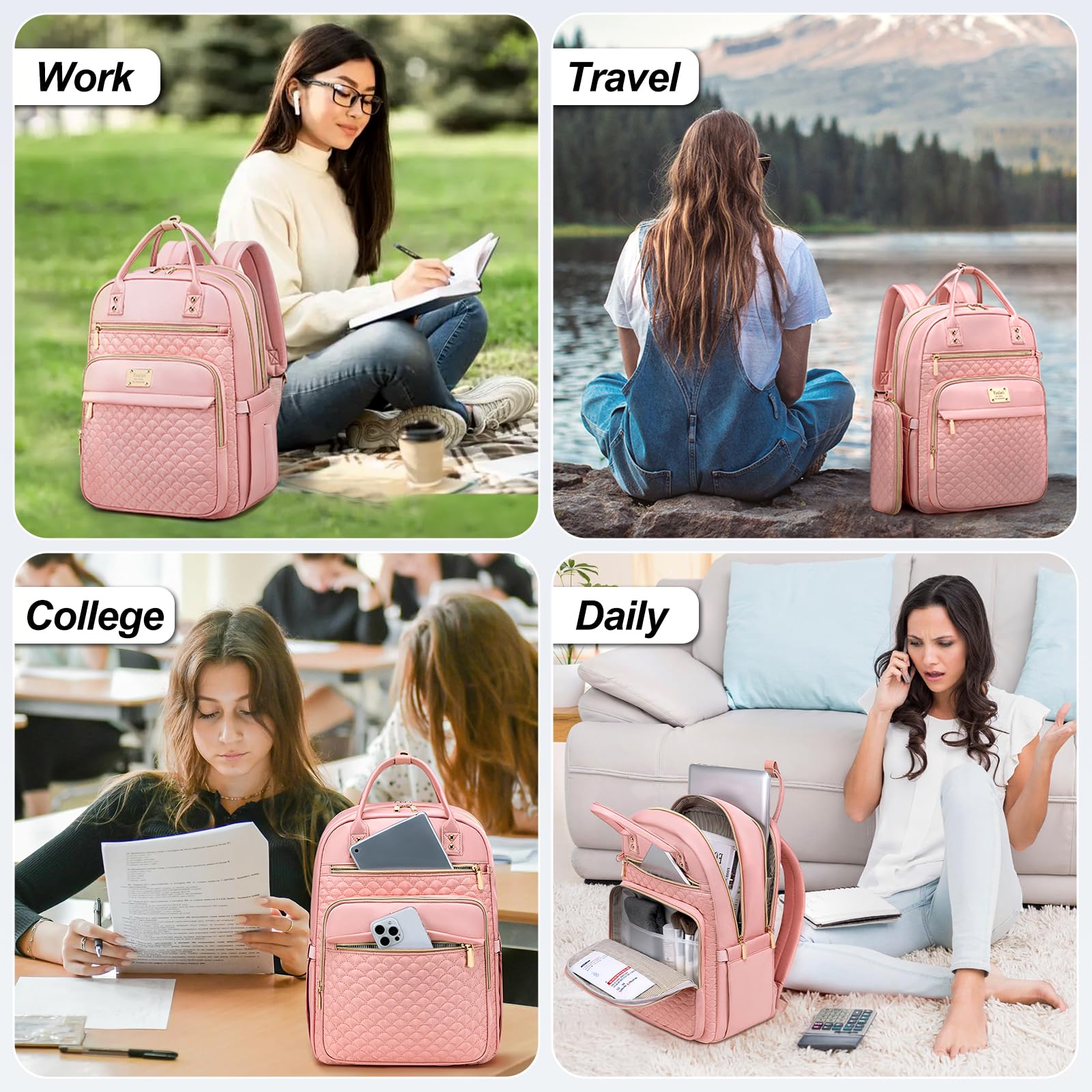 Tealari Zaino per laptop da donna, zaino per laptop da 15,6 pollici per lavoro, zaino da viaggio impermeabile, borsa per libri universitari con portafoglio