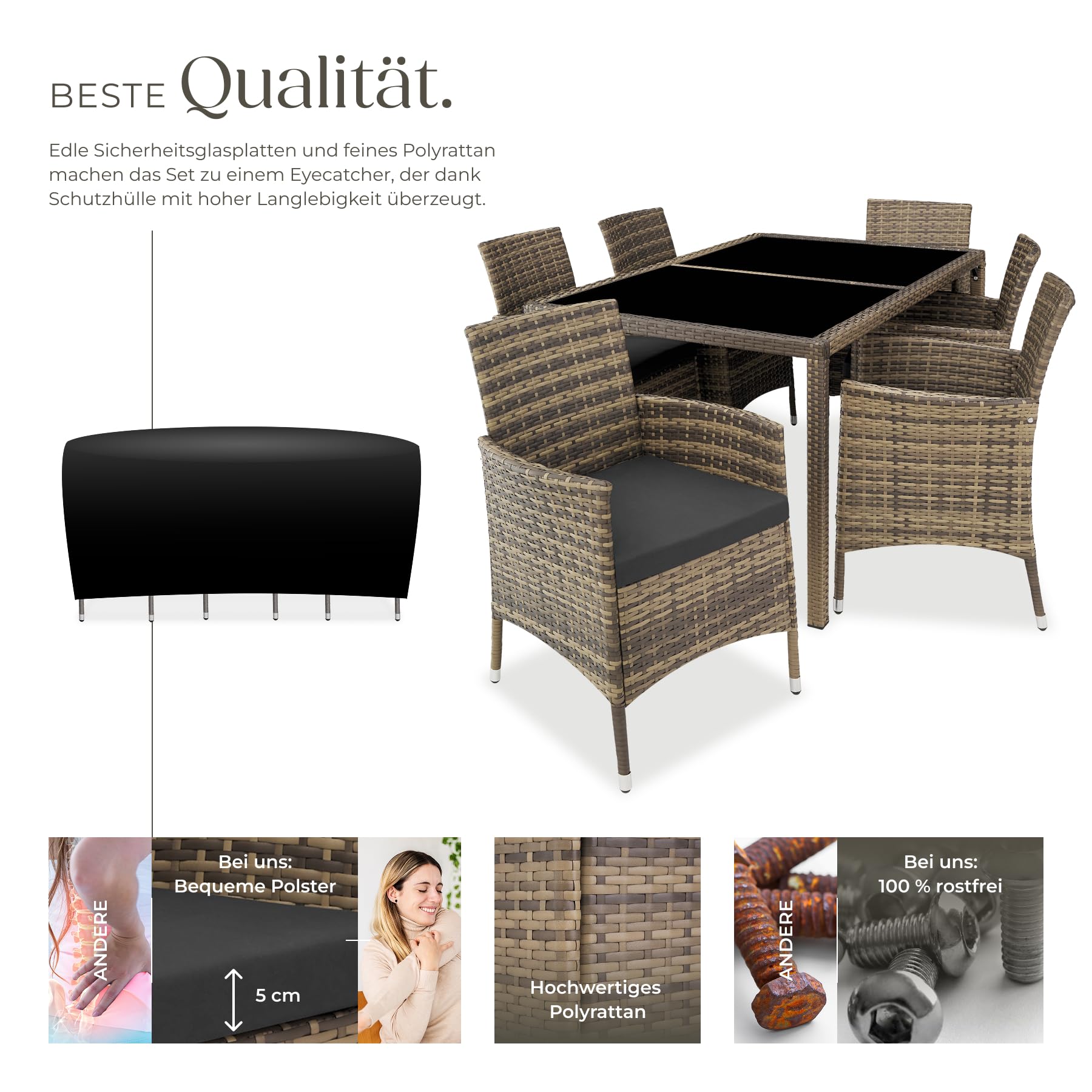 tectake Polyrattan Sitzgruppe für 6 Personen, Balkon Möbel, Gartenmöbel Set mit Tisch und 6 Stühlen, Essgruppe für Garten Terrasse und Balkon, inkl. Sitzkissen und Schutzhülle - Natur/dunkelgrau