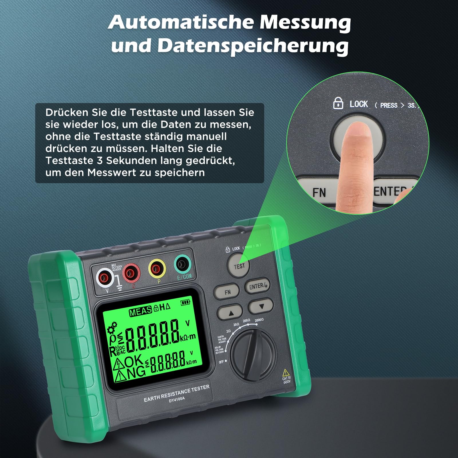 DY4100A Erdungsmessgerät Erdungswiderstandsprüfer, Digitaler Erdungswiderstand 0~2000Ω Ohm Real Megohmmeter, Automatische Messung 0~600V Erdungswiderstandsmessgerät 1500V Solarspannungsmessung