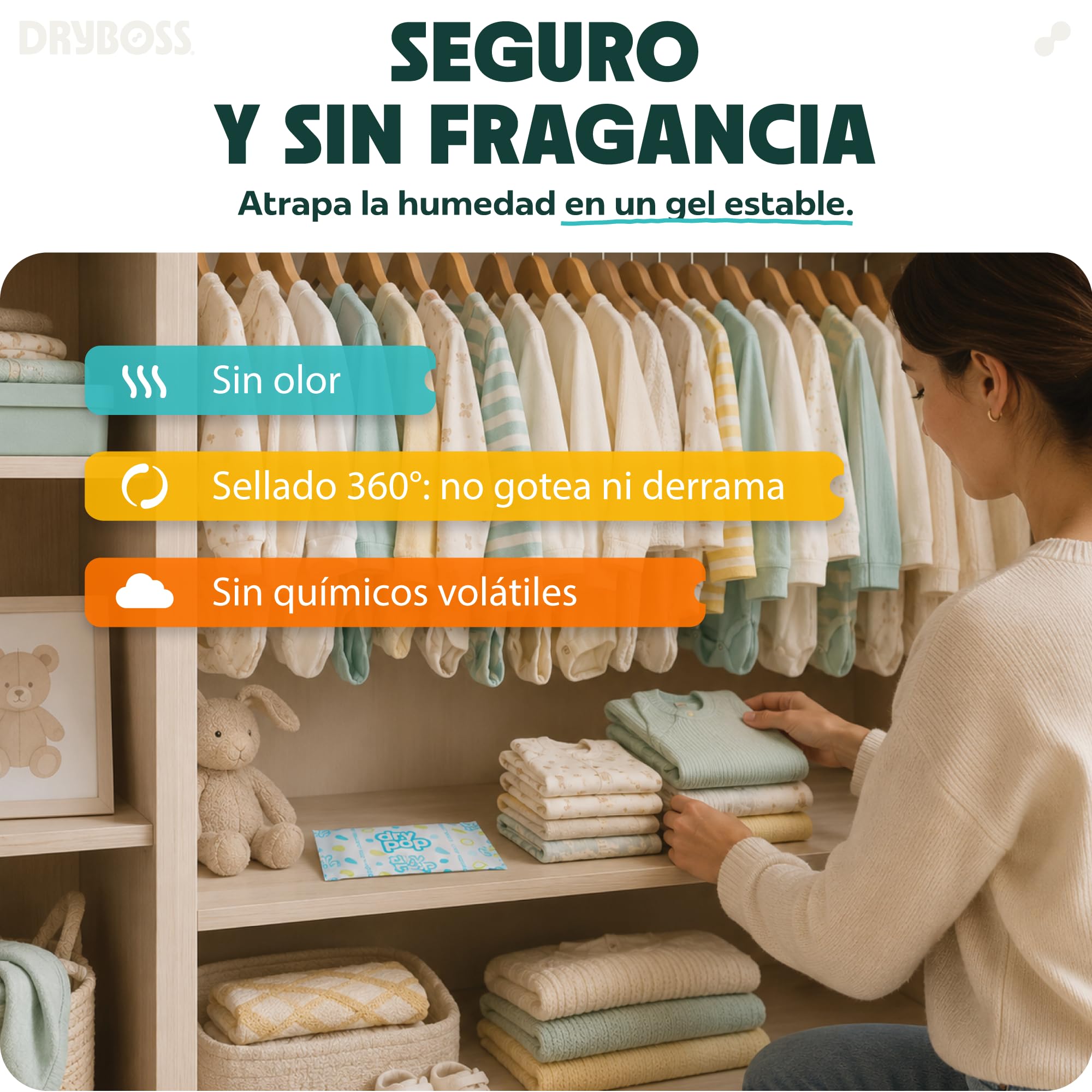 Pack 18 Sachets Antihumedad Cajones – Deshumidificador DRYPOP 20G | Absorbente de Humedad Seguro y Compacto para Cajones, Armarios, Trasteros, Baño, Coche, Cocina y Espacios Pequeños